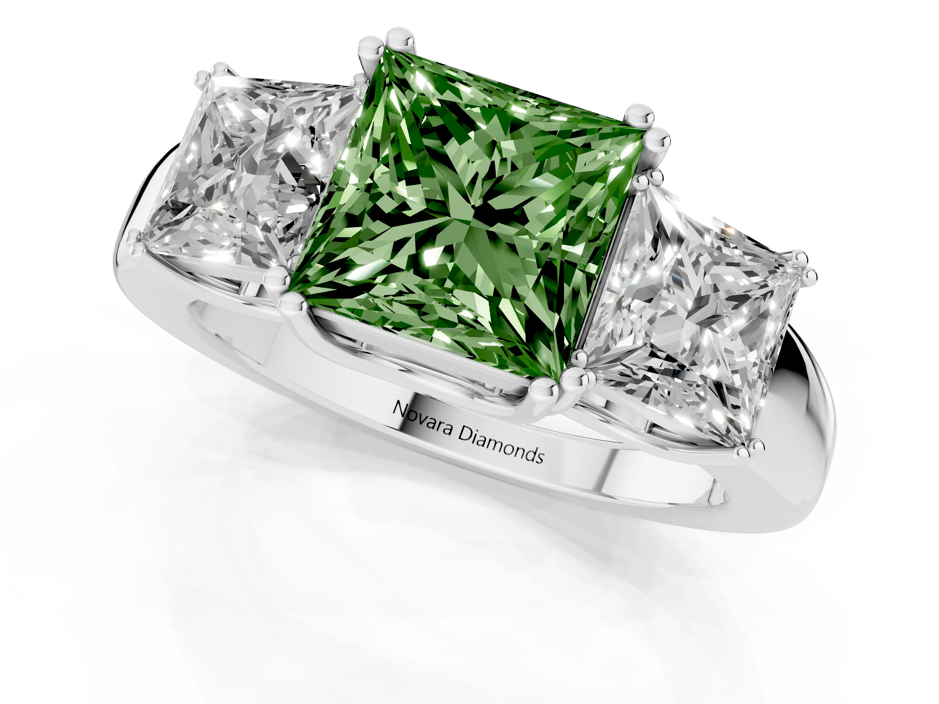 Fancy Green Princess Cut Diamond Three-Stone Ring Set in Platinum with Polished Channel-Set Band