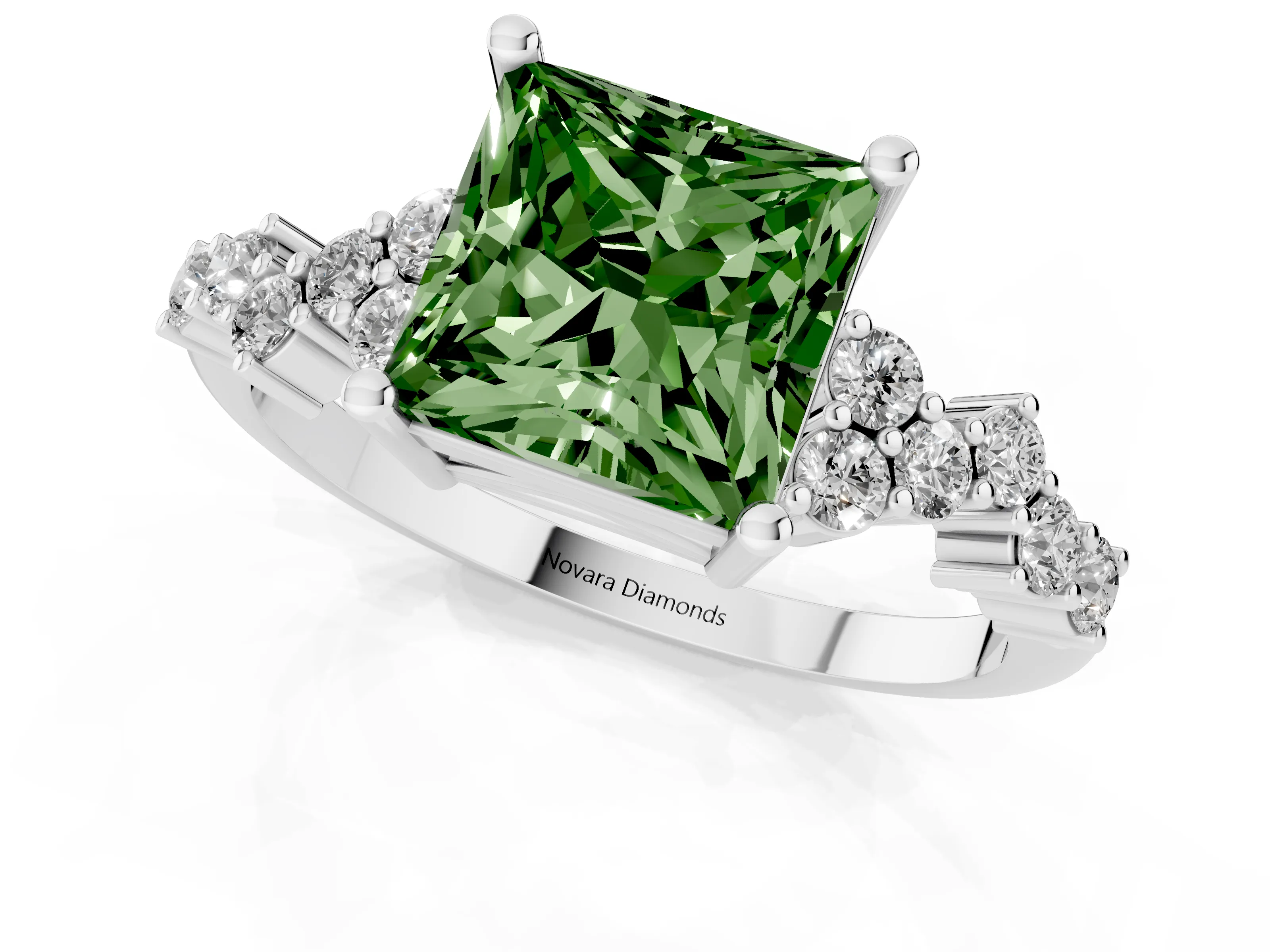 Fancy Green Princess Cut Diamond Ring Set in Platinum with Scattered Round Accents