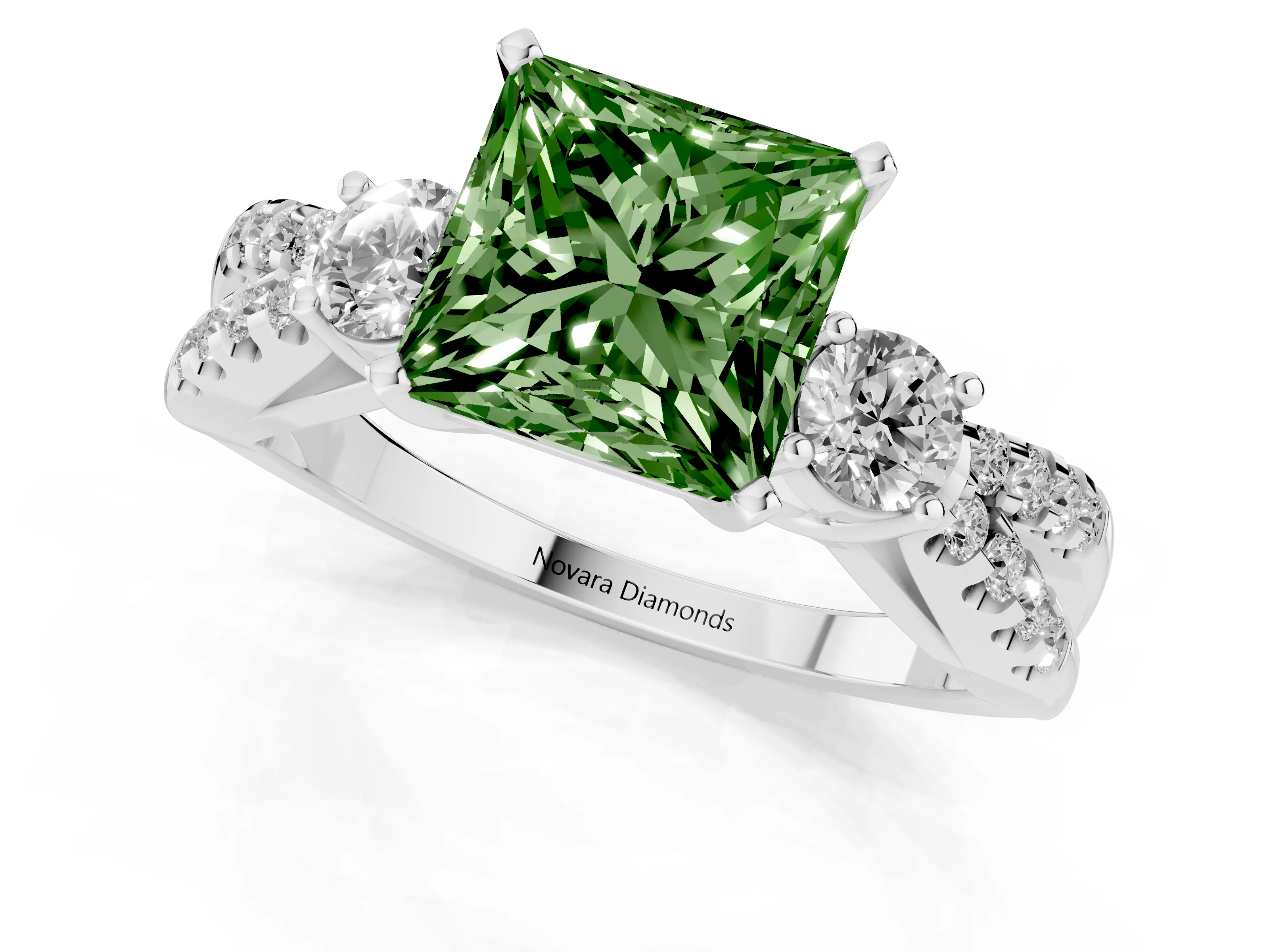 Fancy Green Princess Cut Diamond Three-Stone Ring Set in White gold with Pavé Split Shank and Prong Setting