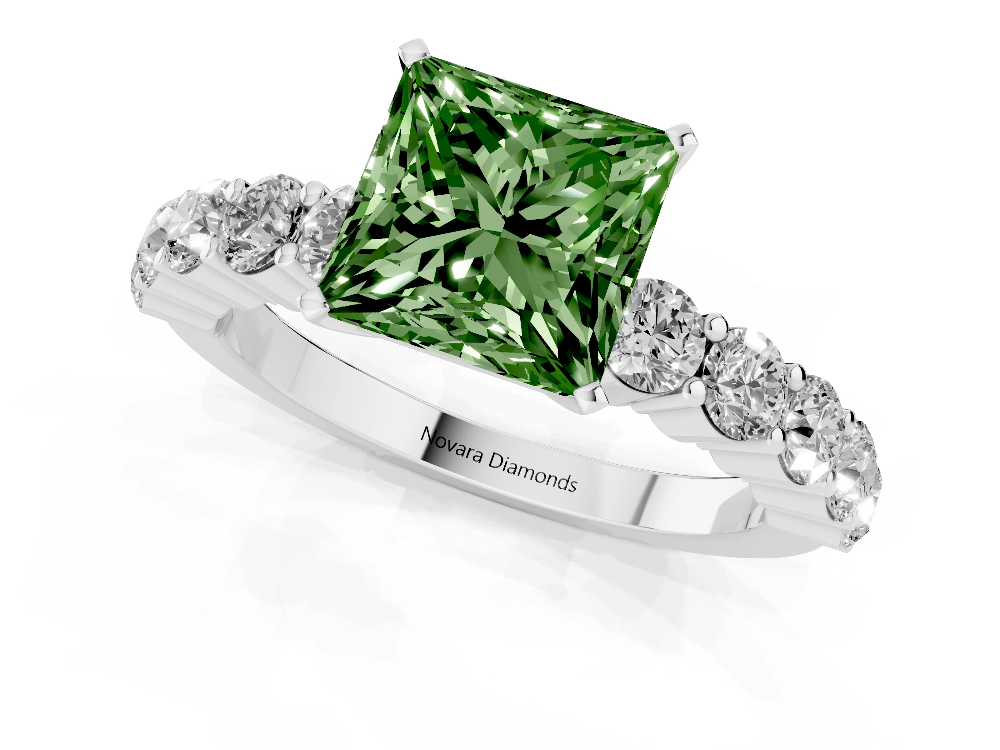 Fancy Green Princess Cut Diamond Solitaire Ring Set in Platinum with Shared Prong Round Side Stones