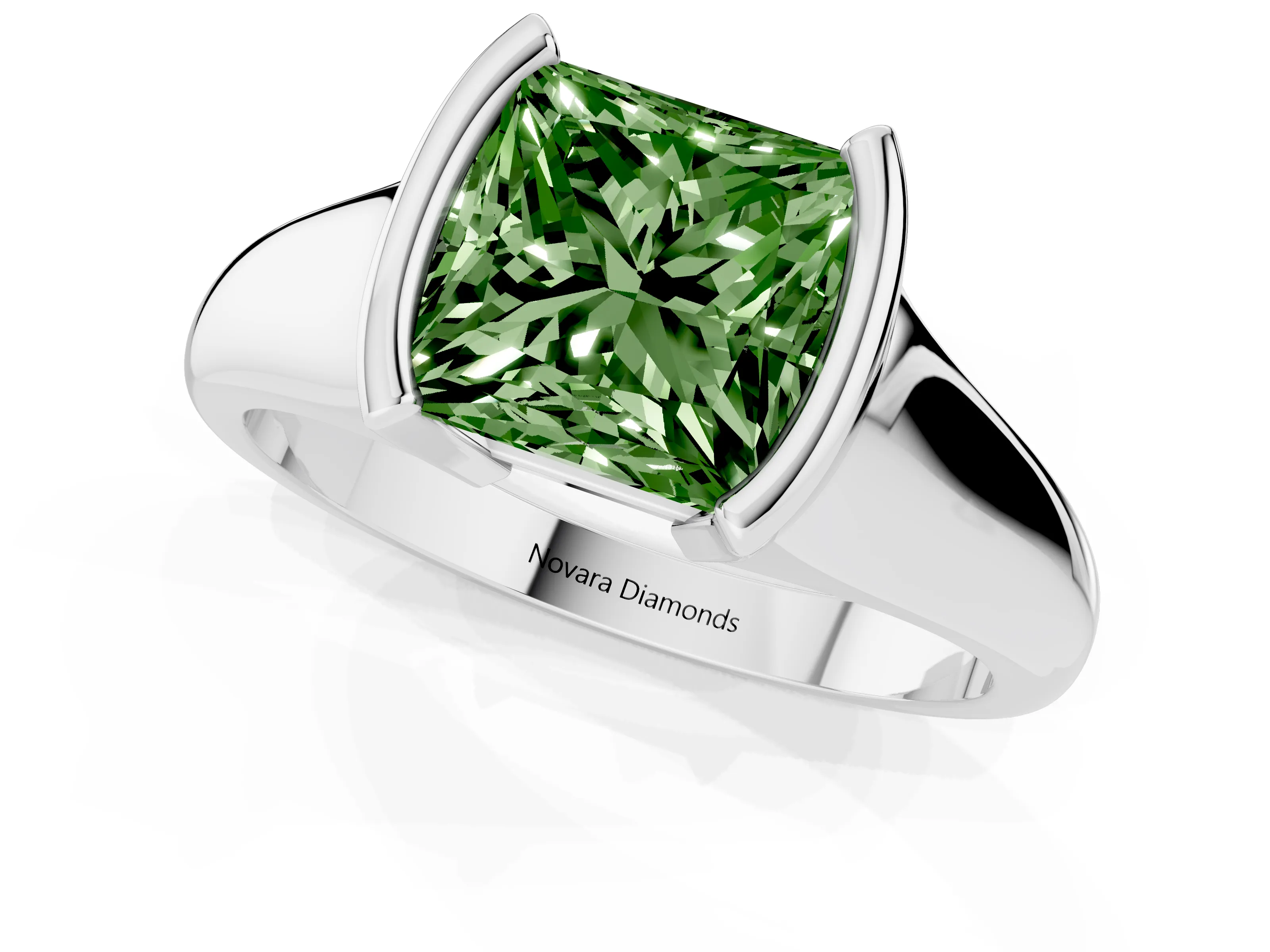 Fancy Green Princess Cut Diamond Solitaire Tension Set Ring Set in White gold with Split Shank Band