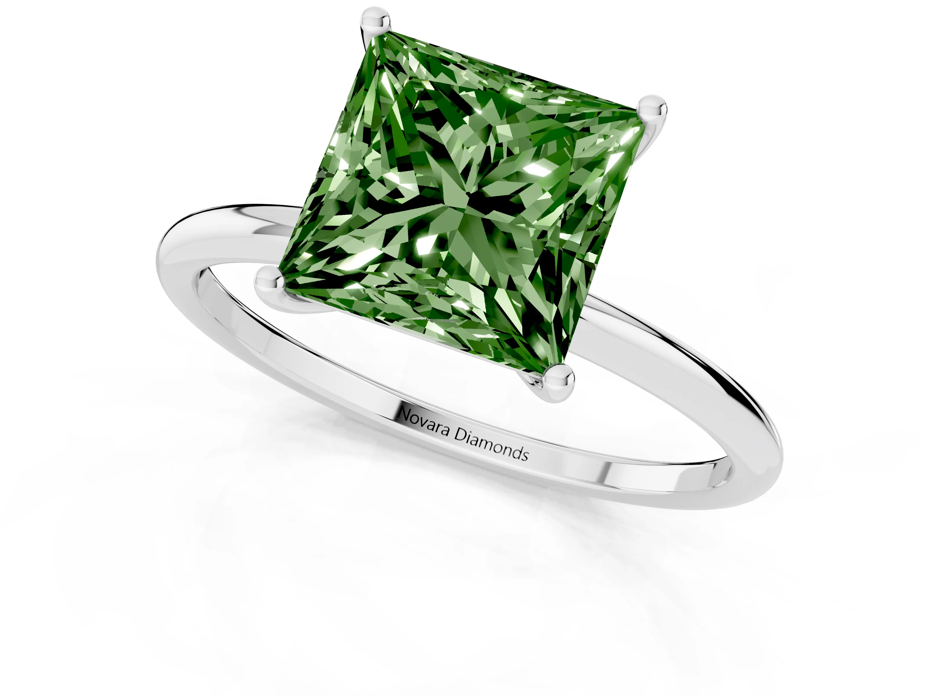 Fancy Green Princess Cut Diamond Solitaire Engagement Ring Set in Silver with Thin Band and Prong Setting