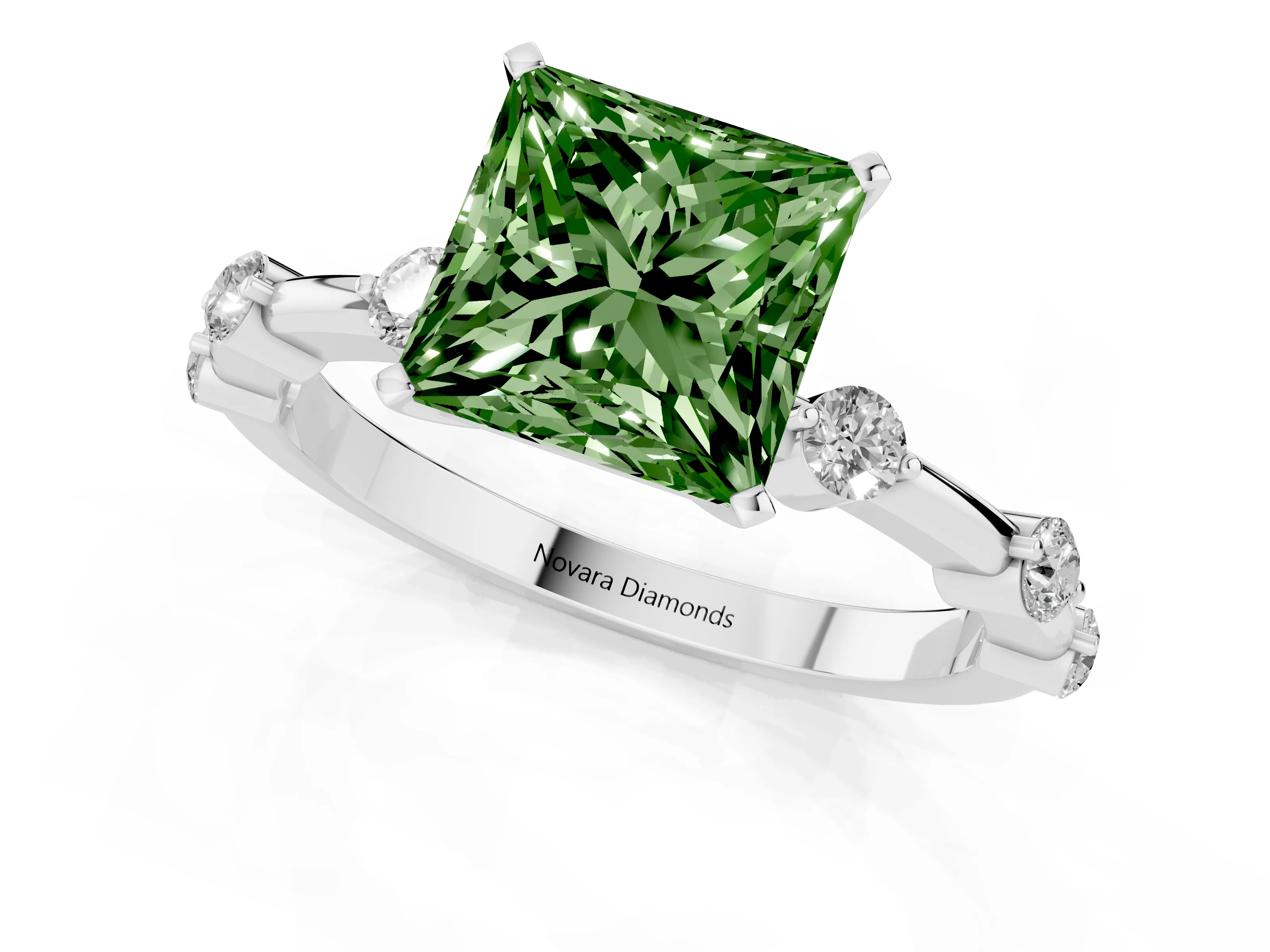 Fancy Green Princess Cut Diamond Solitaire Ring Set in Platinum with Bezel Set Side Stones and Prong Setting