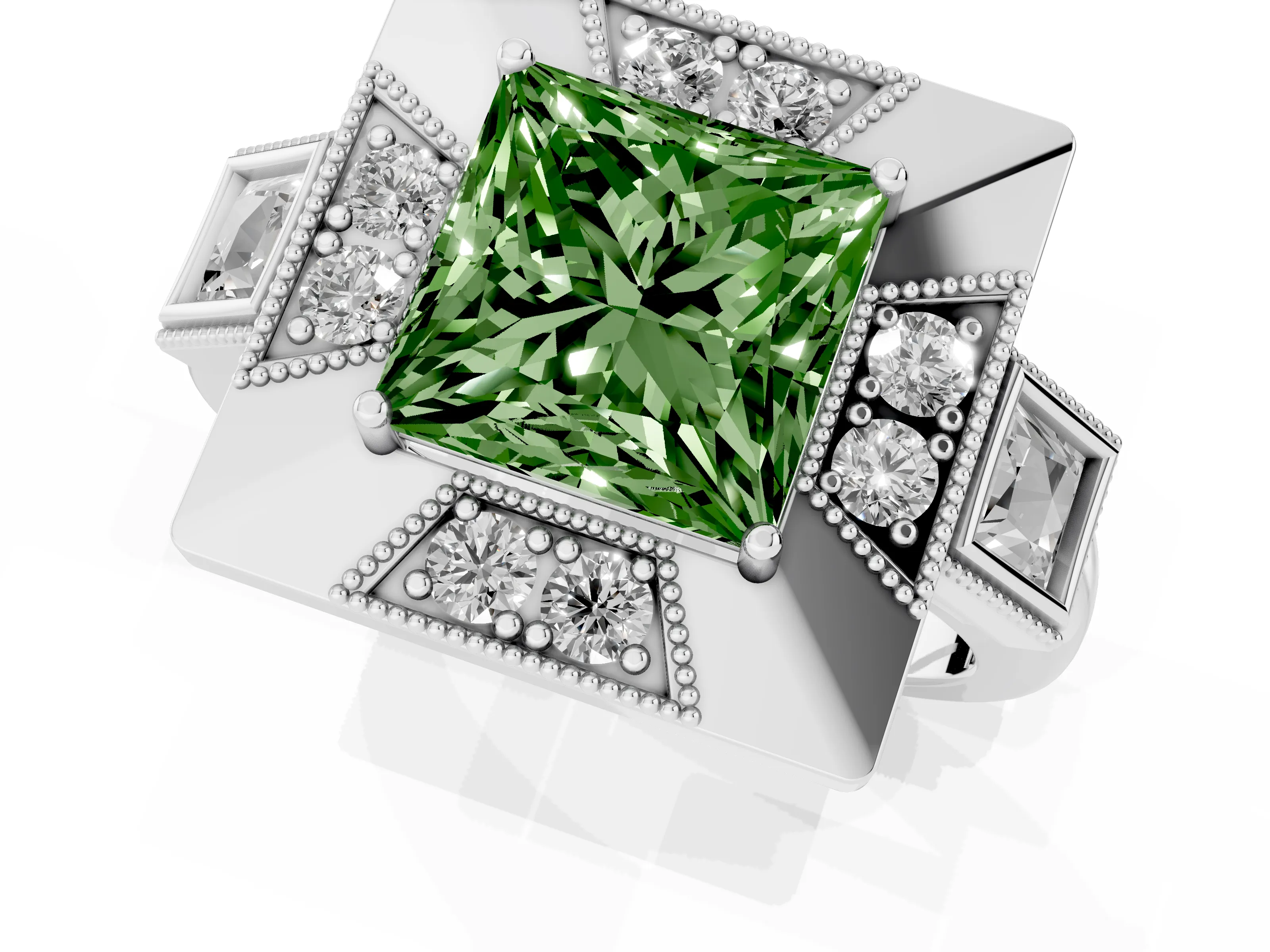 Fancy Green Princess Cut Diamond Milgrain Halo Ring Set in White gold with Split Shank – second view