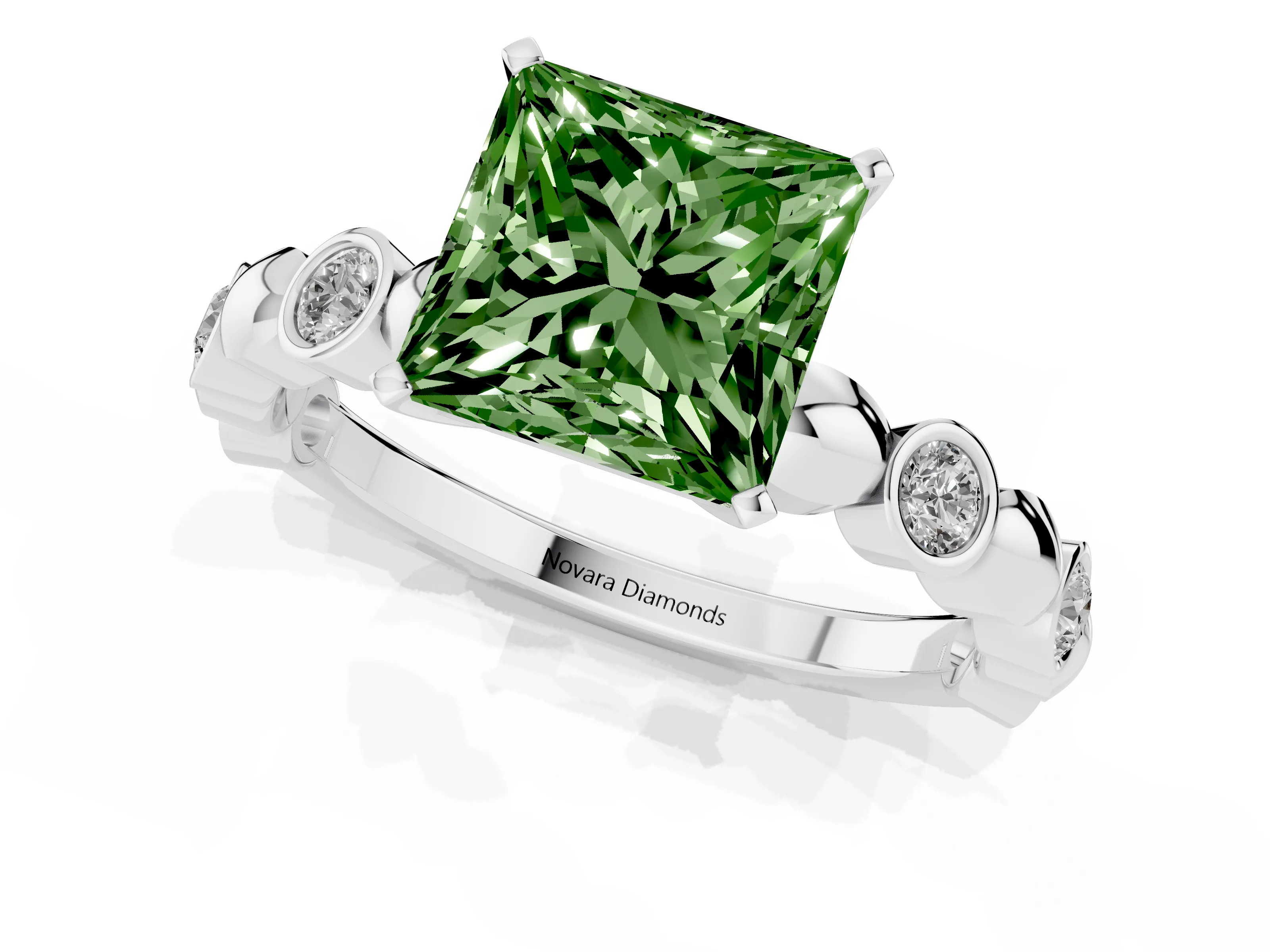Fancy Green Princess Cut Diamond Solitaire Ring Set in Silver with Bezel-Set Accents on Beaded Band and Prong Setting