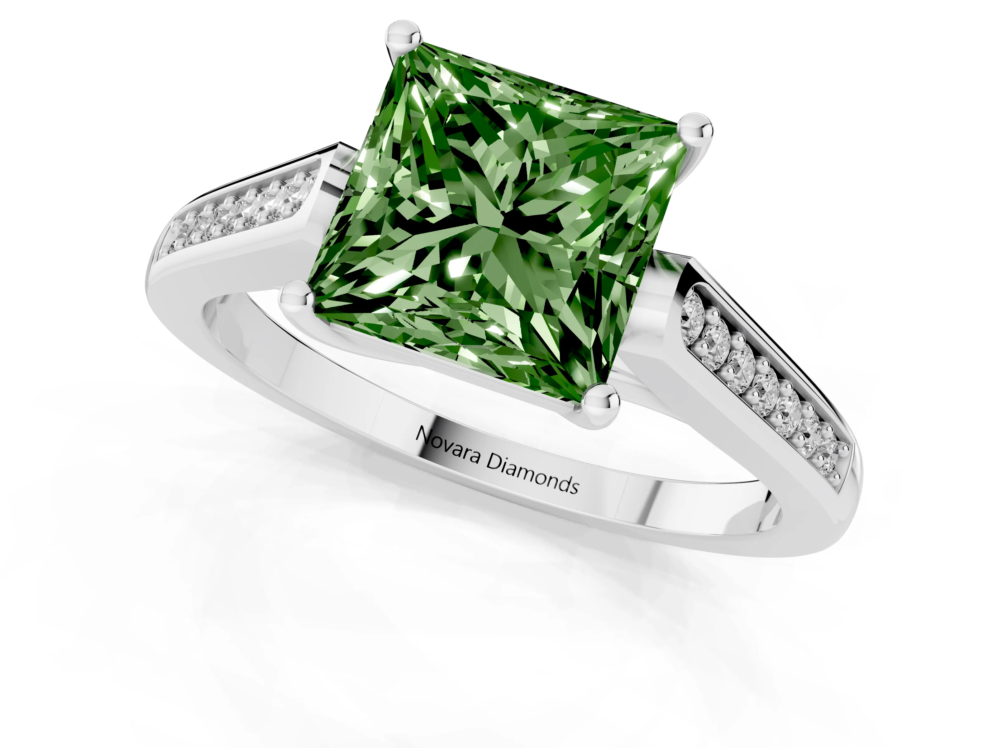 Fancy Green Princess Cut Diamond Solitaire Cathedral Engagement Ring Set in Platinum with Channel-Set Band and Prong Setting
