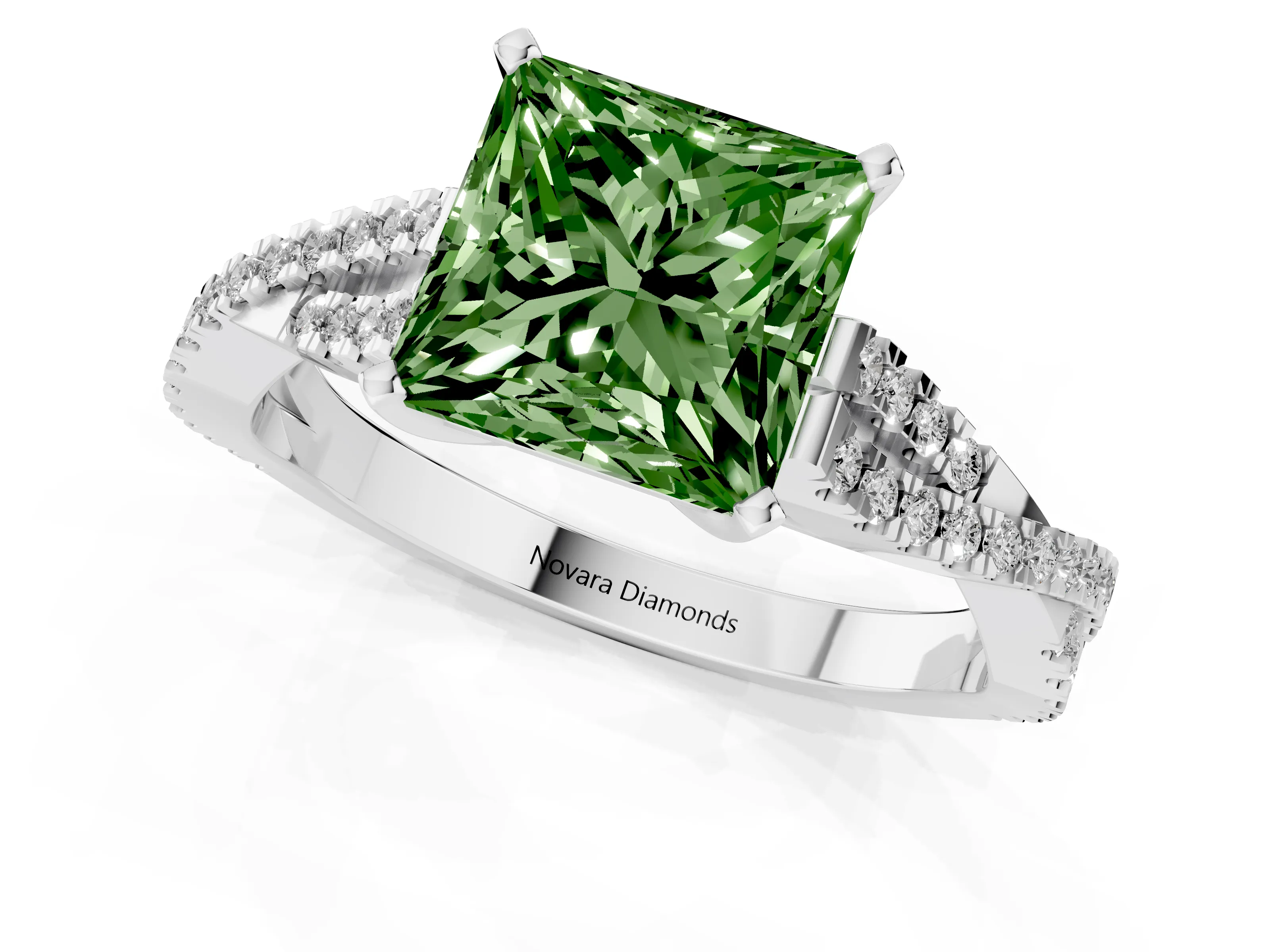 Fancy Green Princess Cut Diamond Solitaire Engagement Ring Set in Platinum with Twisted Pavé Band and Prong Setting