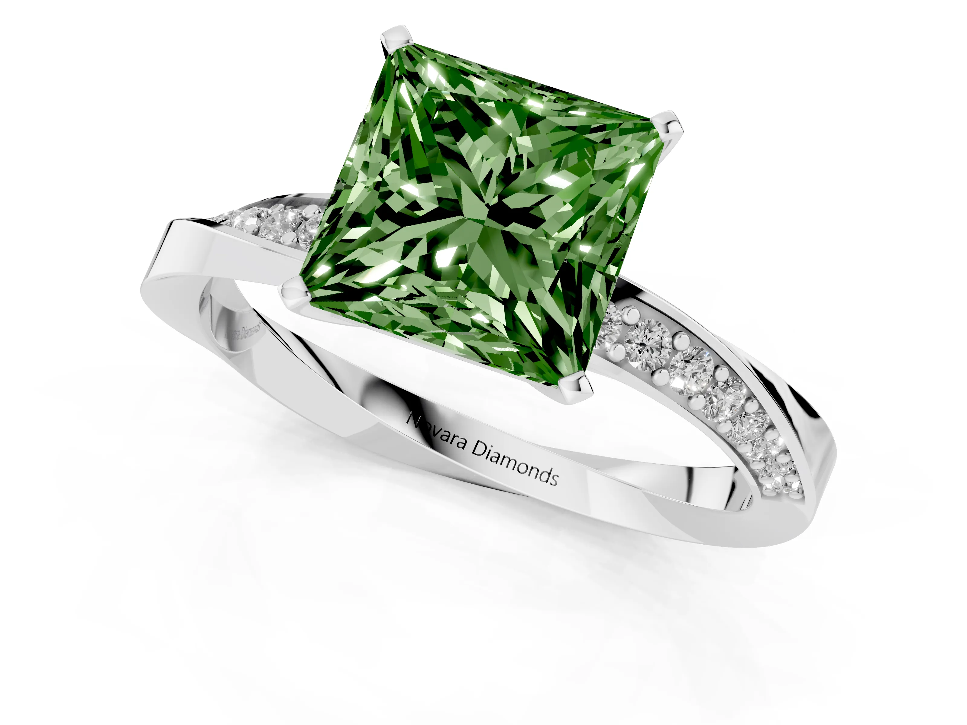 Fancy Green Princess Cut Diamond Engagement Ring Set in Platinum with Side Stone Accents and Prong Setting – second view