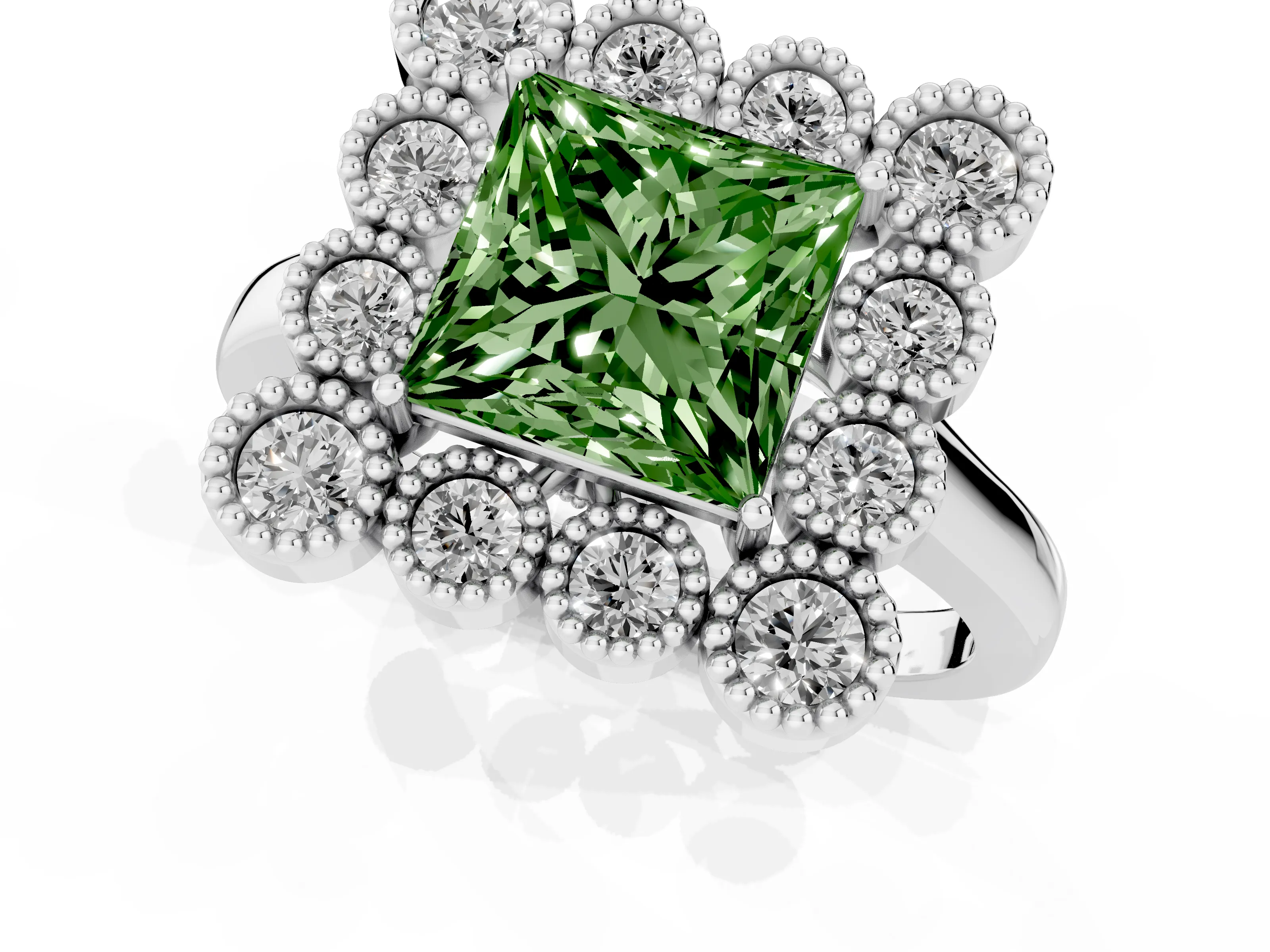 Fancy Green Princess Cut Diamond Cluster Halo Ring Set in White gold with Milgrain Bezel Accents and Plain Band