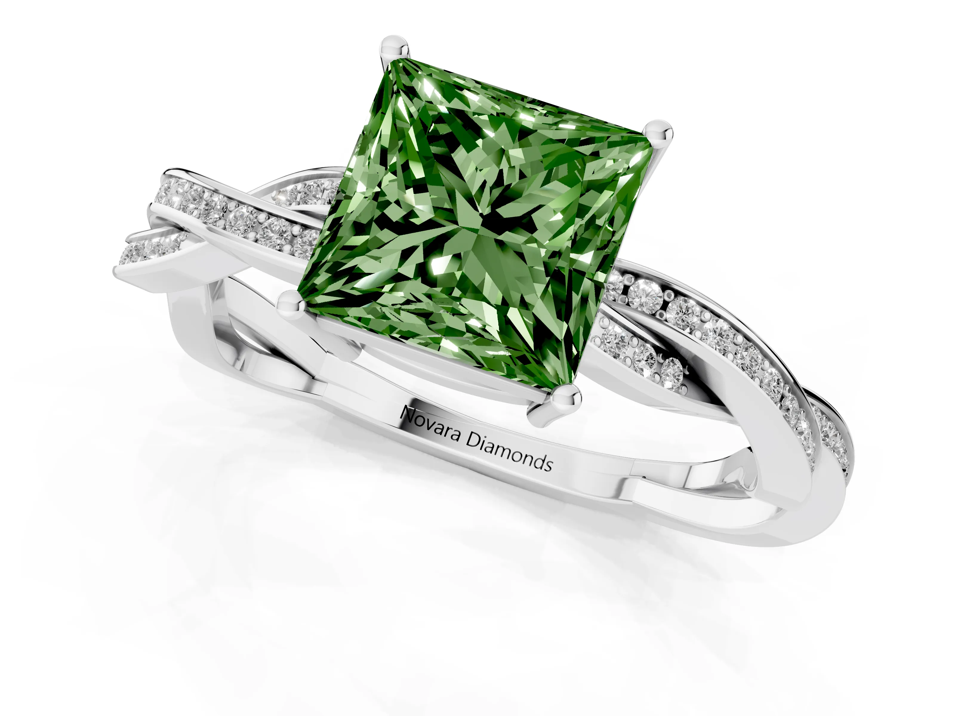 Fancy Green Princess Cut Diamond Solitaire Twisted Pavé Ring Set in Silver with Prong Setting