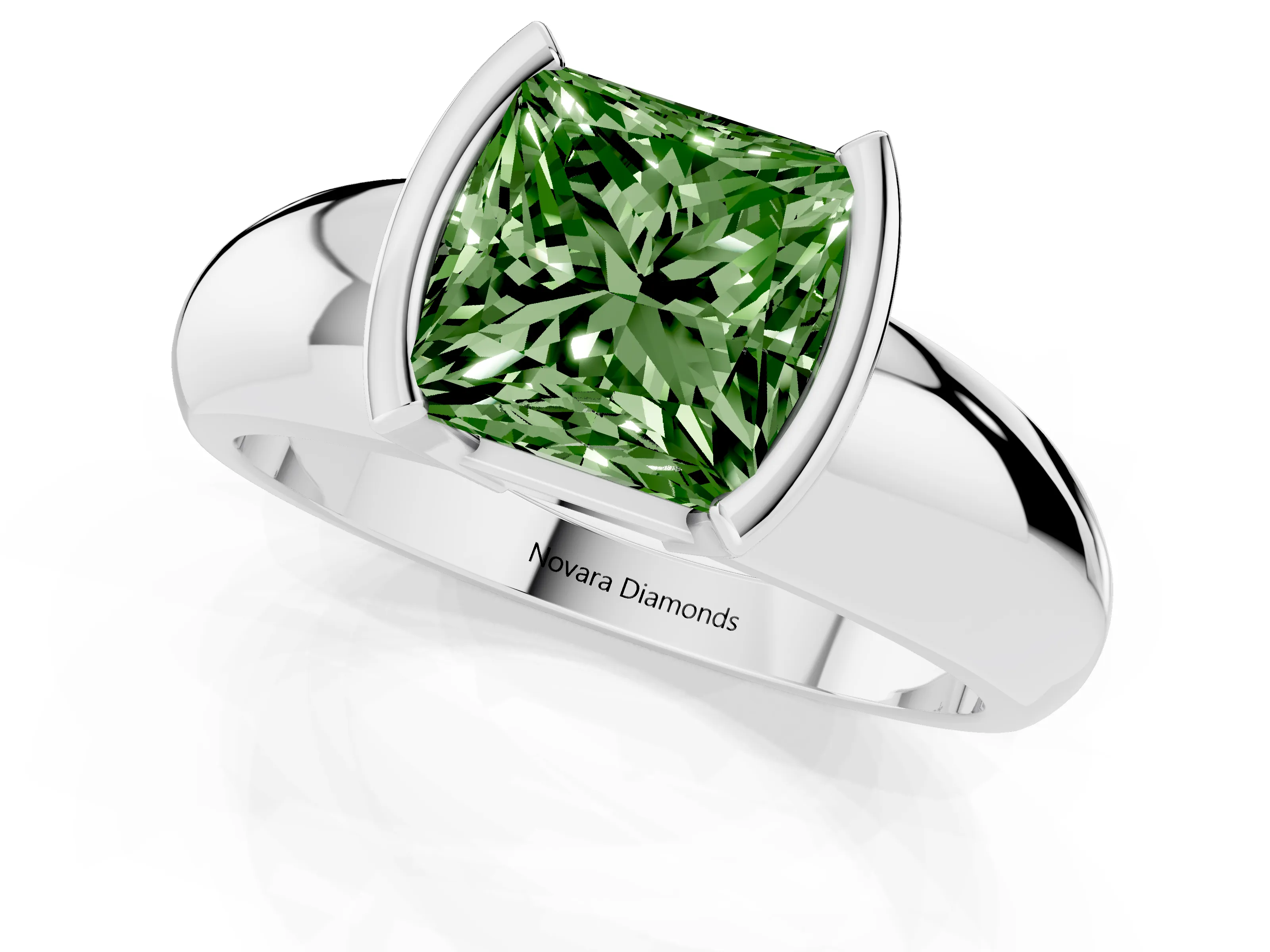 Fancy Green Princess Cut Diamond Solitaire Tension Set Ring Set in White gold with Wide Band