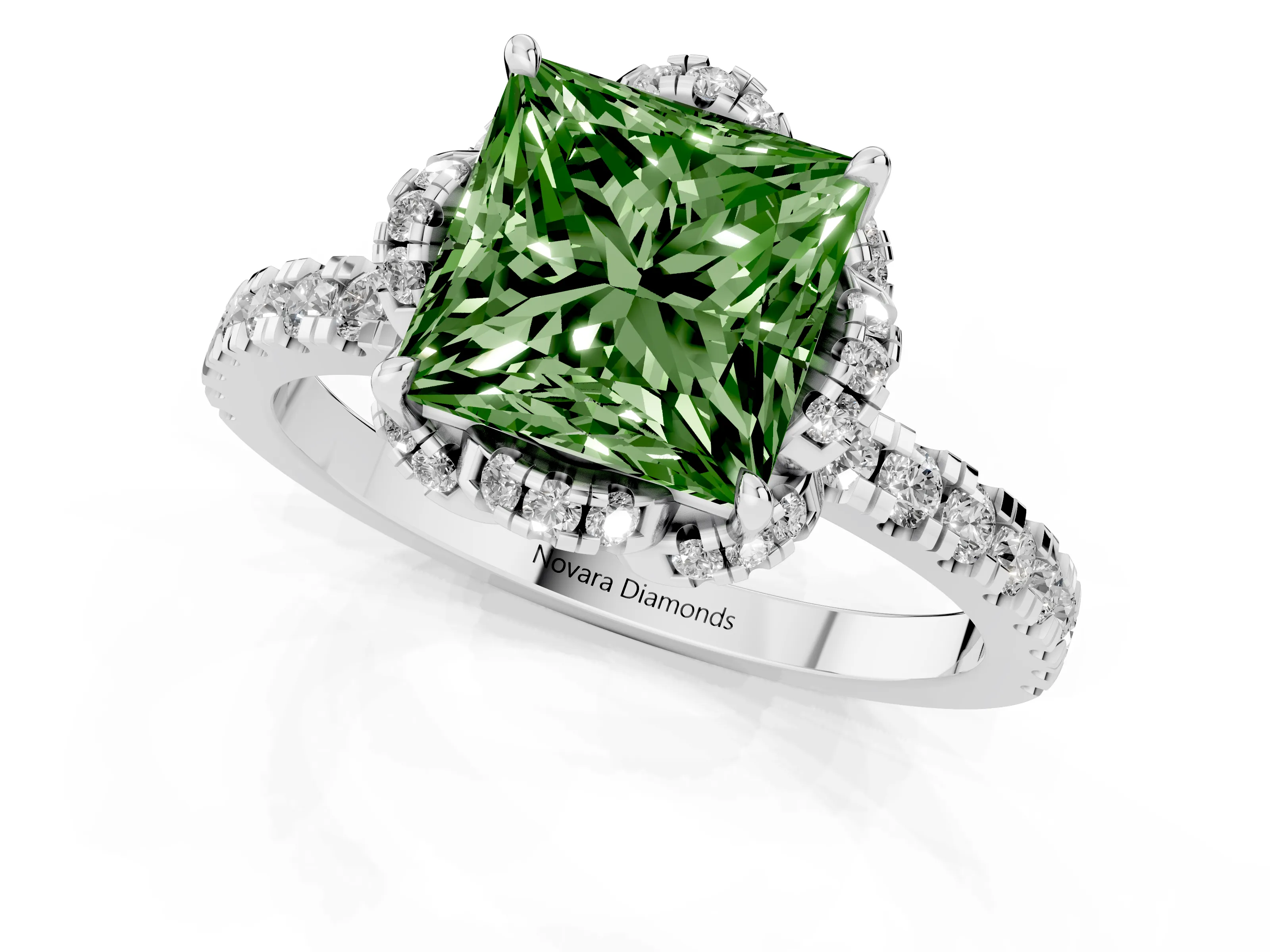 Fancy Green Princess Cut Diamond Halo Pavé Band Ring Set in Platinum with Prong-Held Center