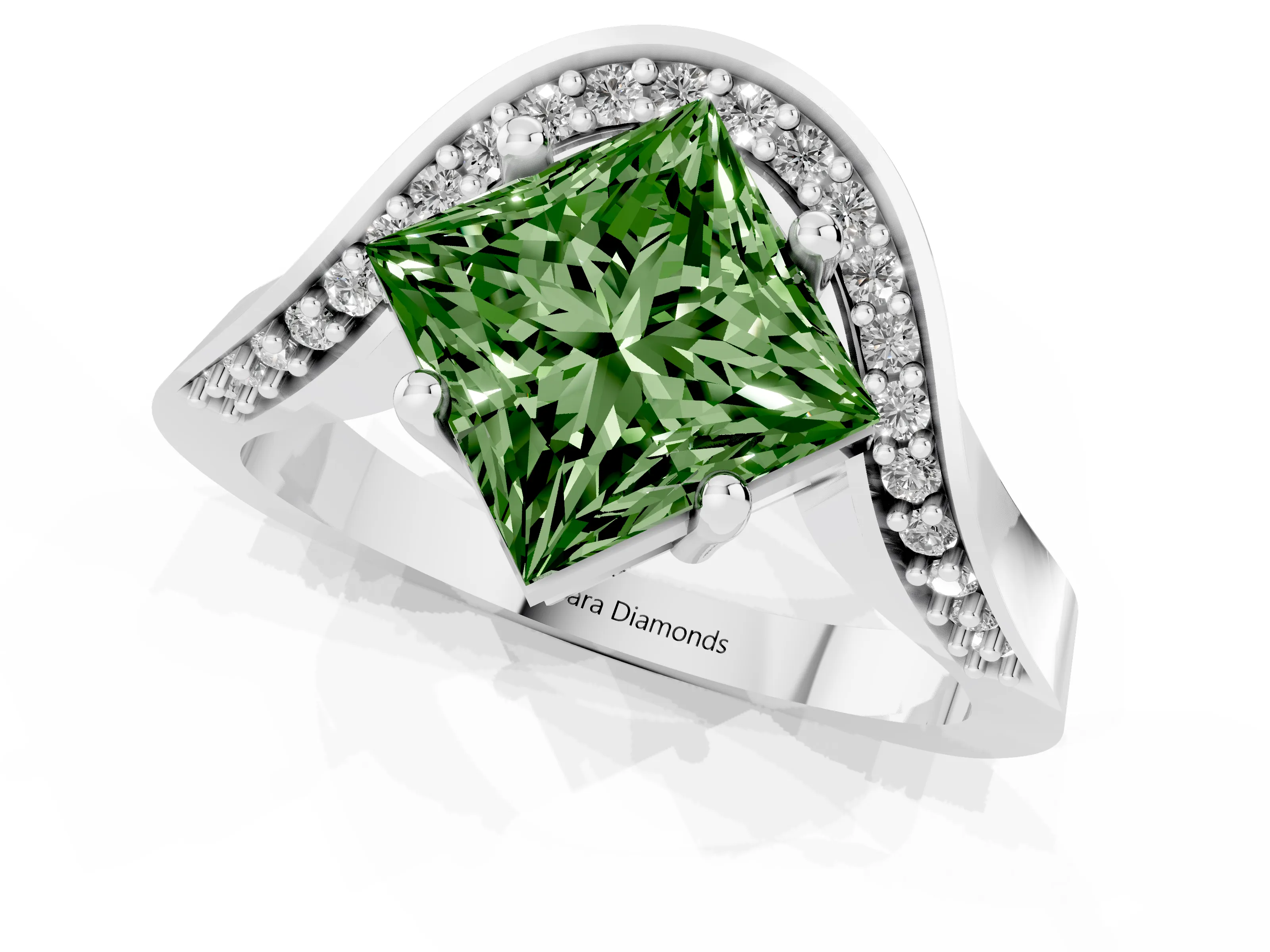 Fancy Green Princess Cut Diamond Solitaire Engagement Ring Set in Platinum with Pavé Shoulders