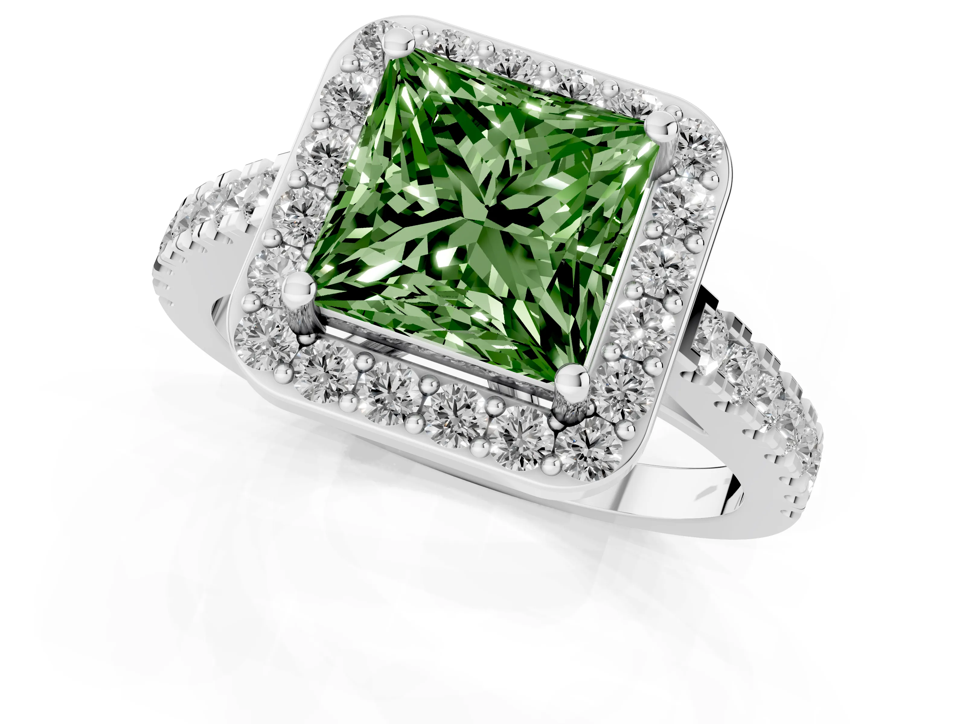 Fancy Green Princess Cut Diamond Halo Ring Set in Silver with Round Pavé Split Shank and Prong Setting