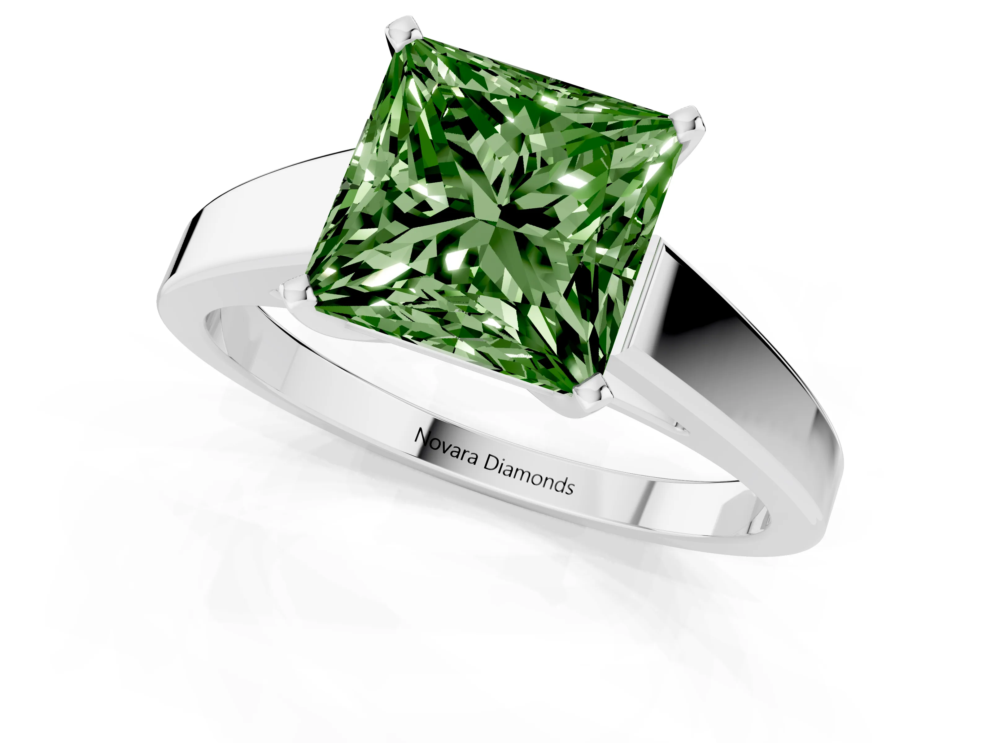 Fancy Green Princess Cut Diamond Solitaire Engagement Ring Set in White gold with Prong Setting and Tapered Band