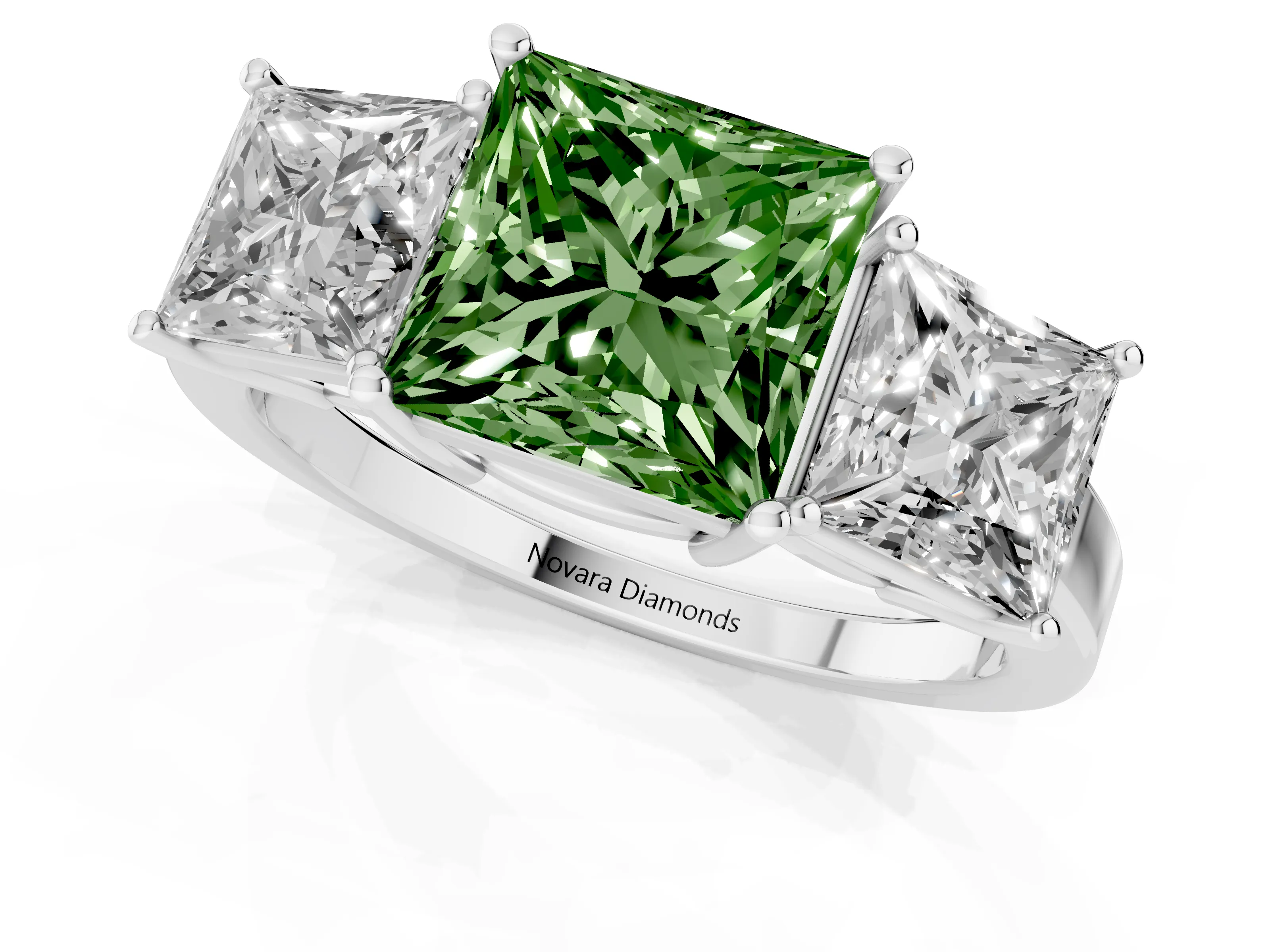 Fancy Green Princess Cut Diamond Three-Stone Engagement Ring Set in Platinum with Flat Band