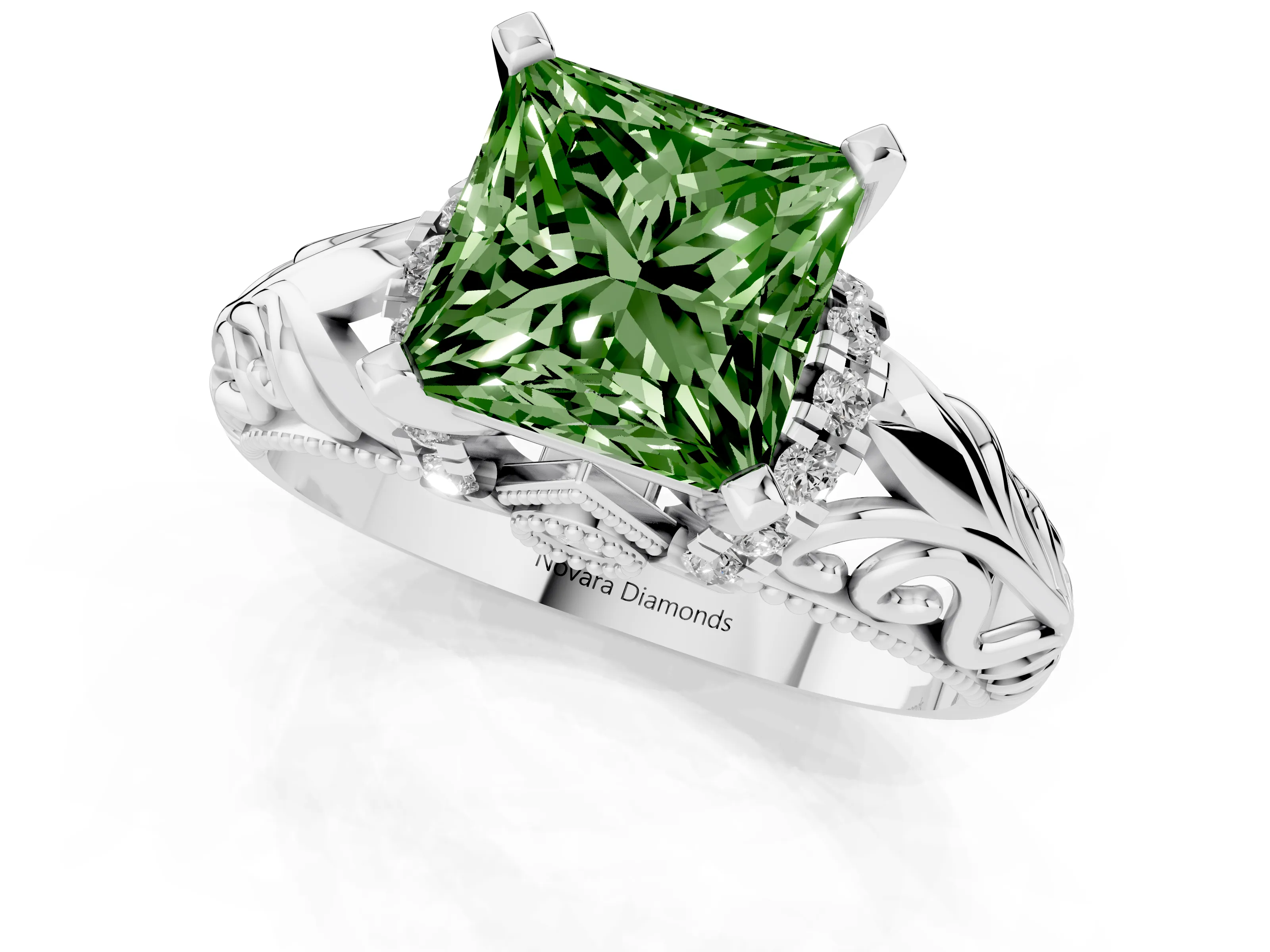 Fancy Green Princess Cut Diamond Filigree Halo Engagement Ring Set in Silver with Prong Setting