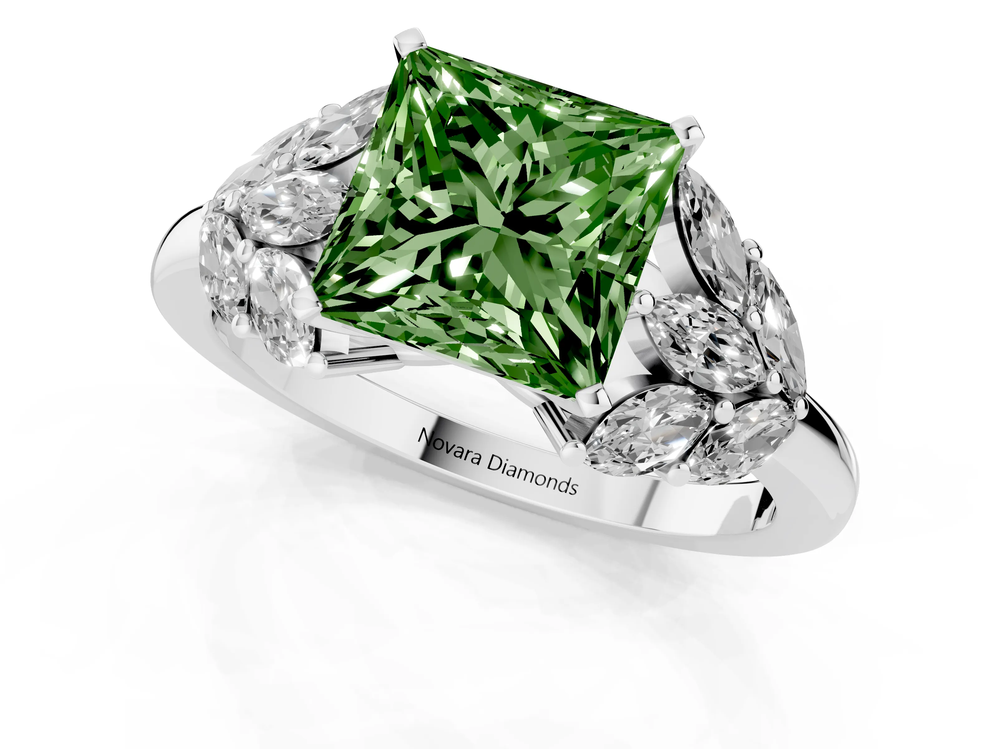Fancy Green Princess Cut Diamond Cluster Leaf Design Ring Set in White gold with Prong Setting