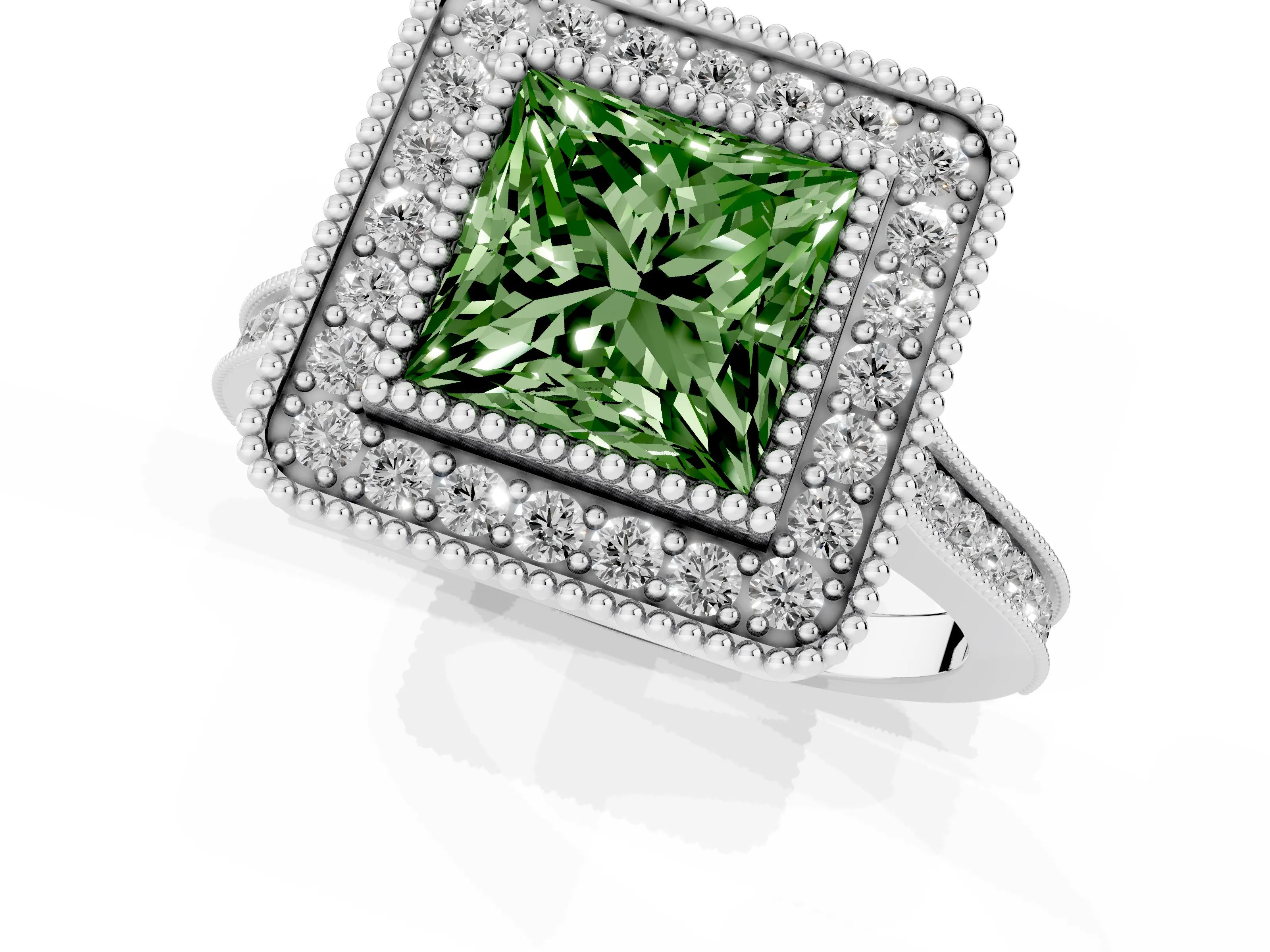 Fancy Green Princess Cut Diamond Halo Ring Set in Platinum with Milgrain Frame and Pavé Band