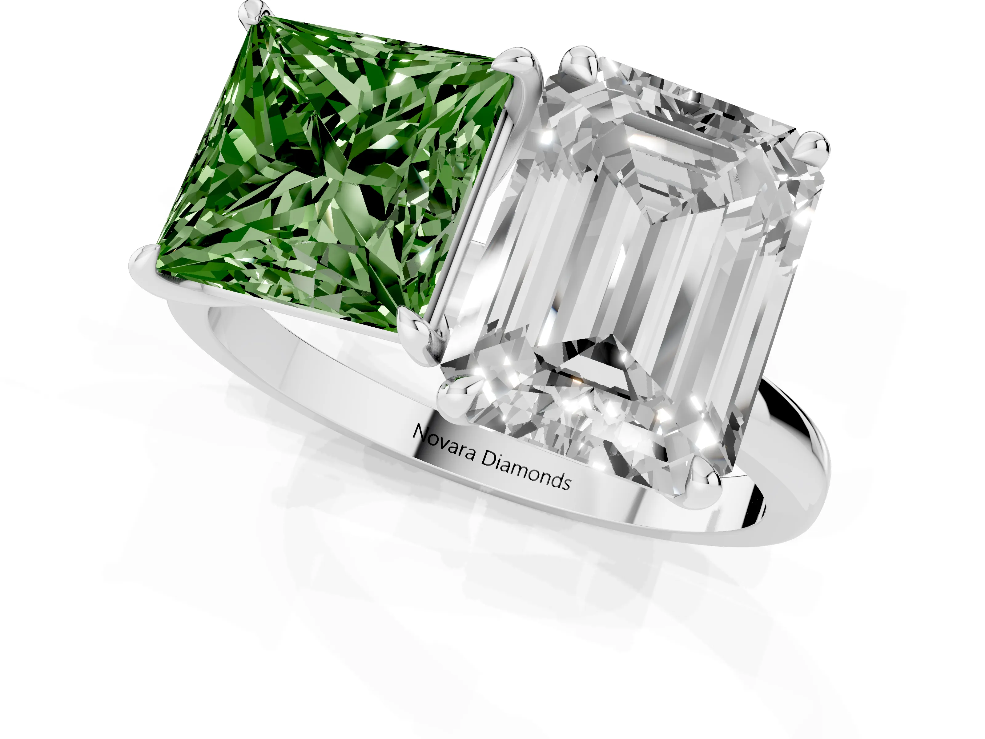 Fancy Green Princess Cut and Emerald Cut Toi Moi Ring Set in Silver with Prong Setting