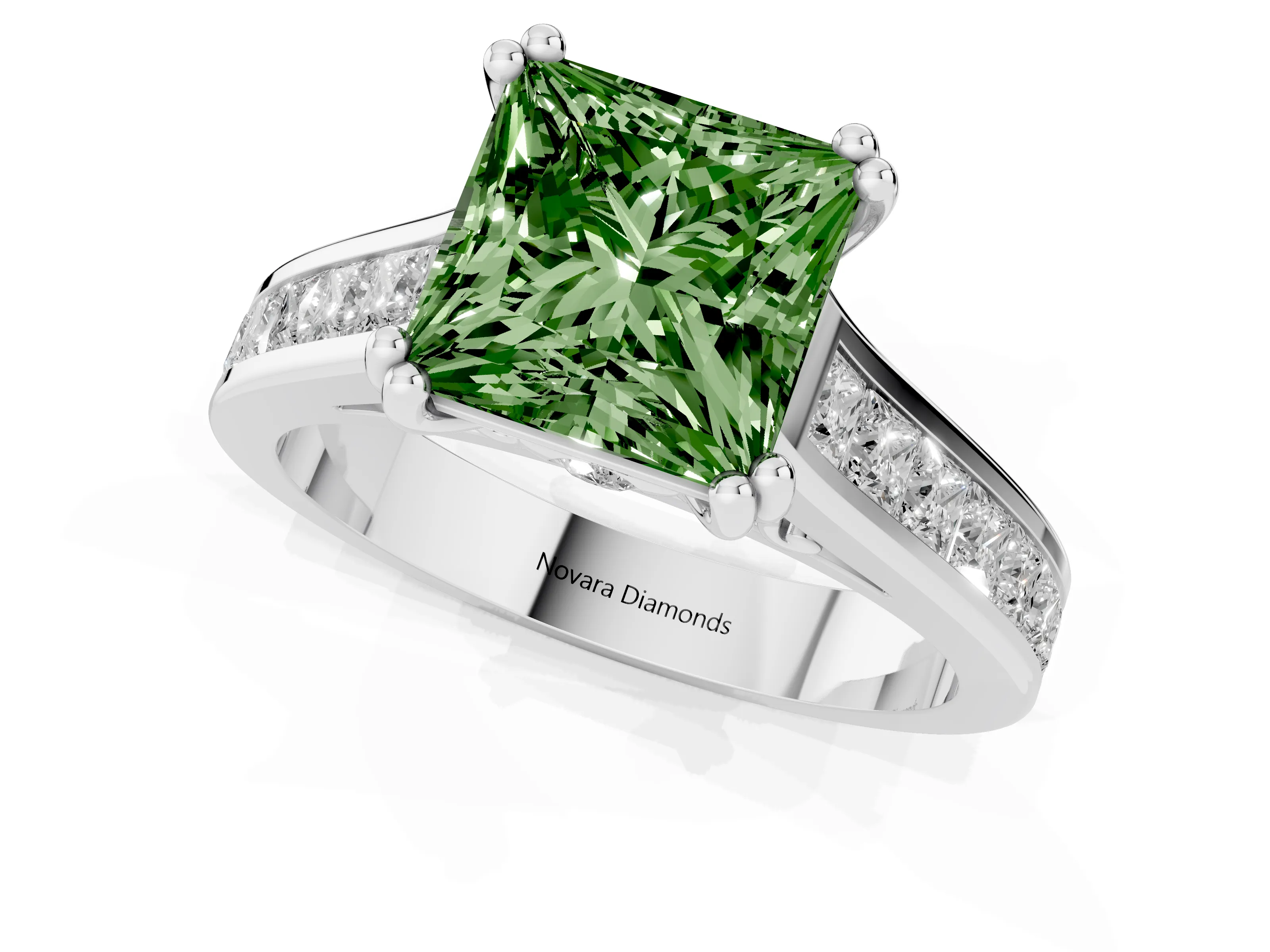 Fancy Green Princess Cut Diamond Channel Set Solitaire Engagement Ring Set in Silver with Prong Setting