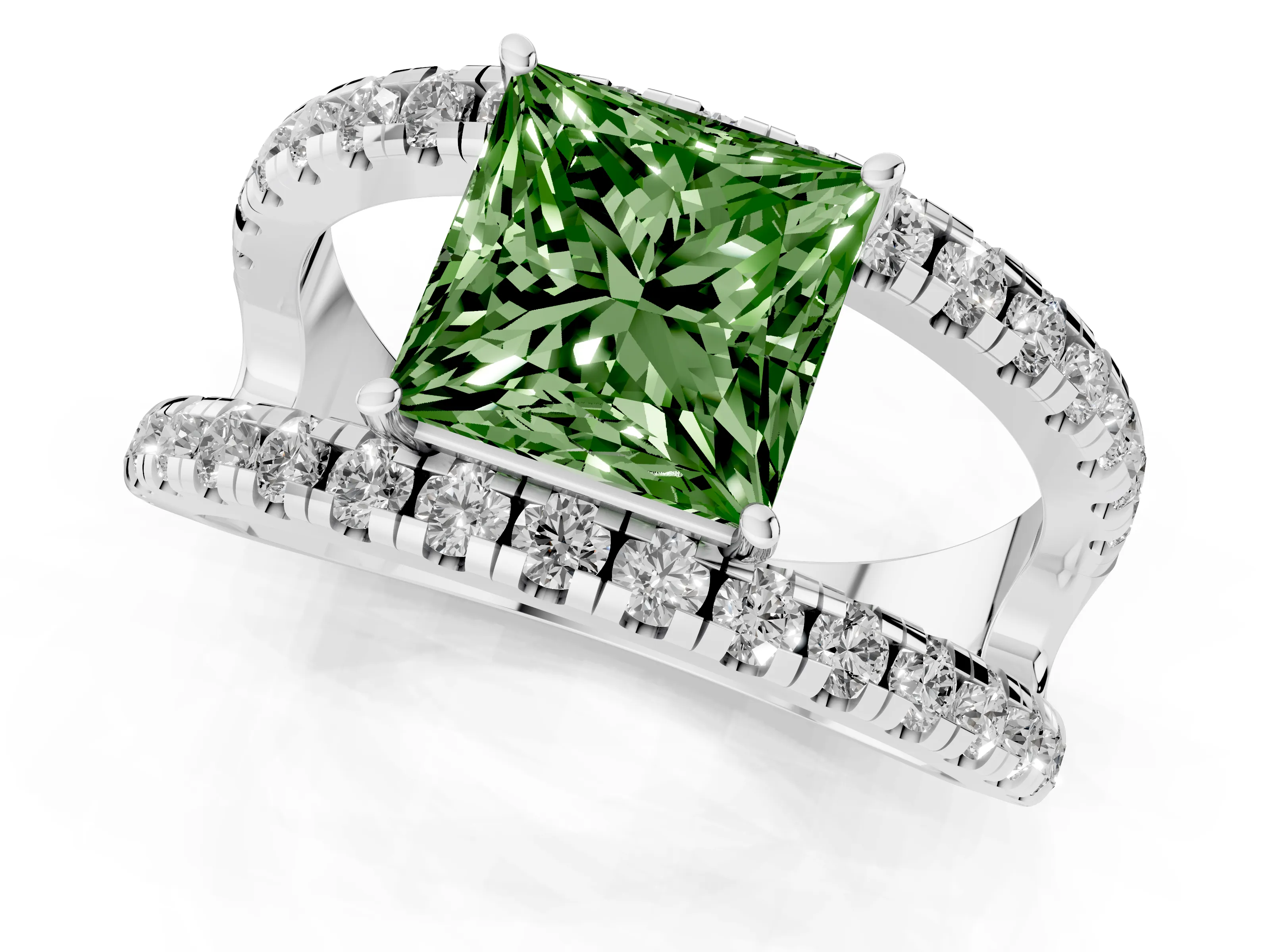 Fancy Green Princess Cut Diamond Split Shank Pavé Solitaire Ring Set in Platinum with Open Shank Design