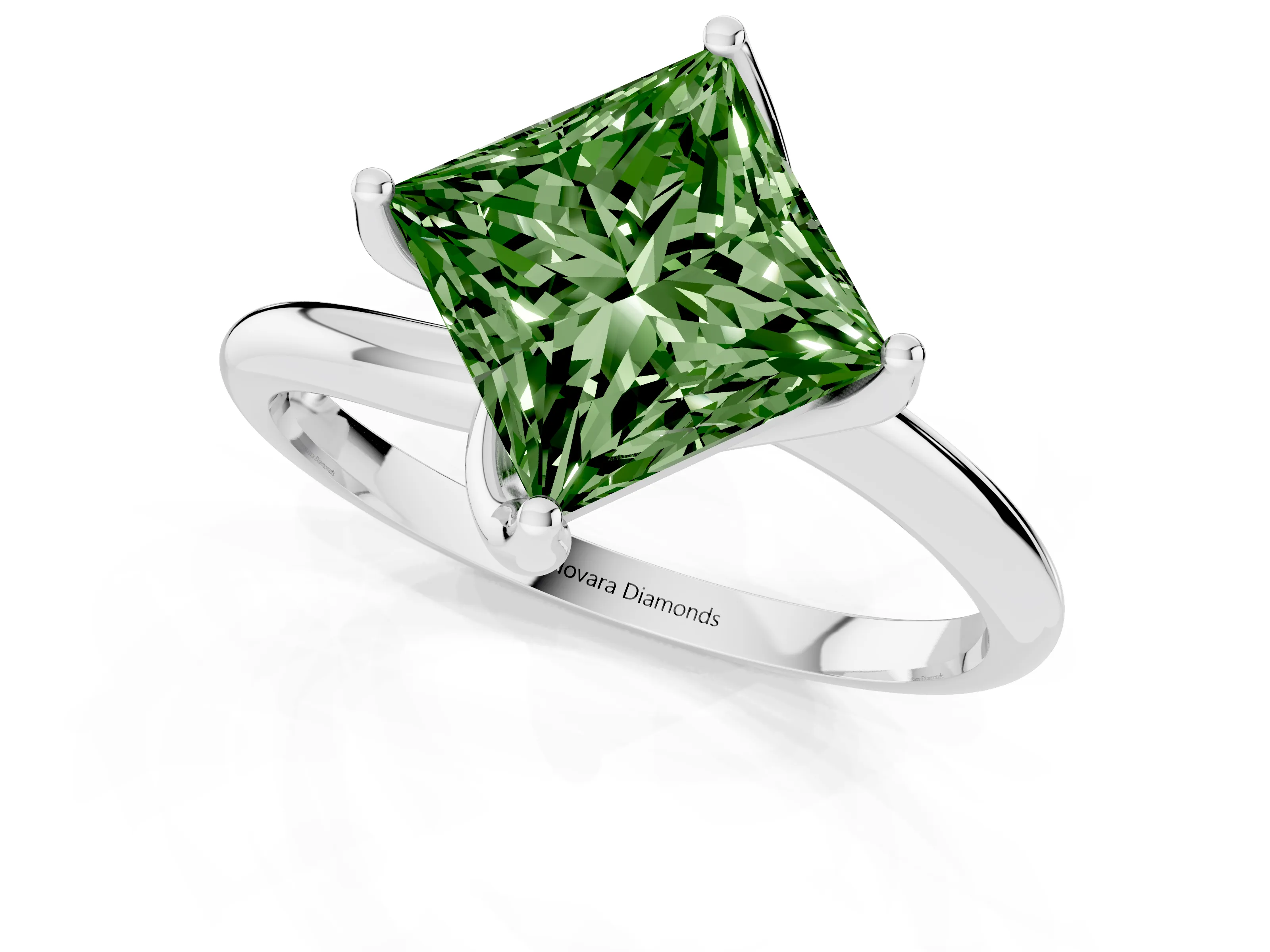 Fancy Green Princess Cut Diamond Solitaire Engagement Ring Set in Silver with Classic Plain Band