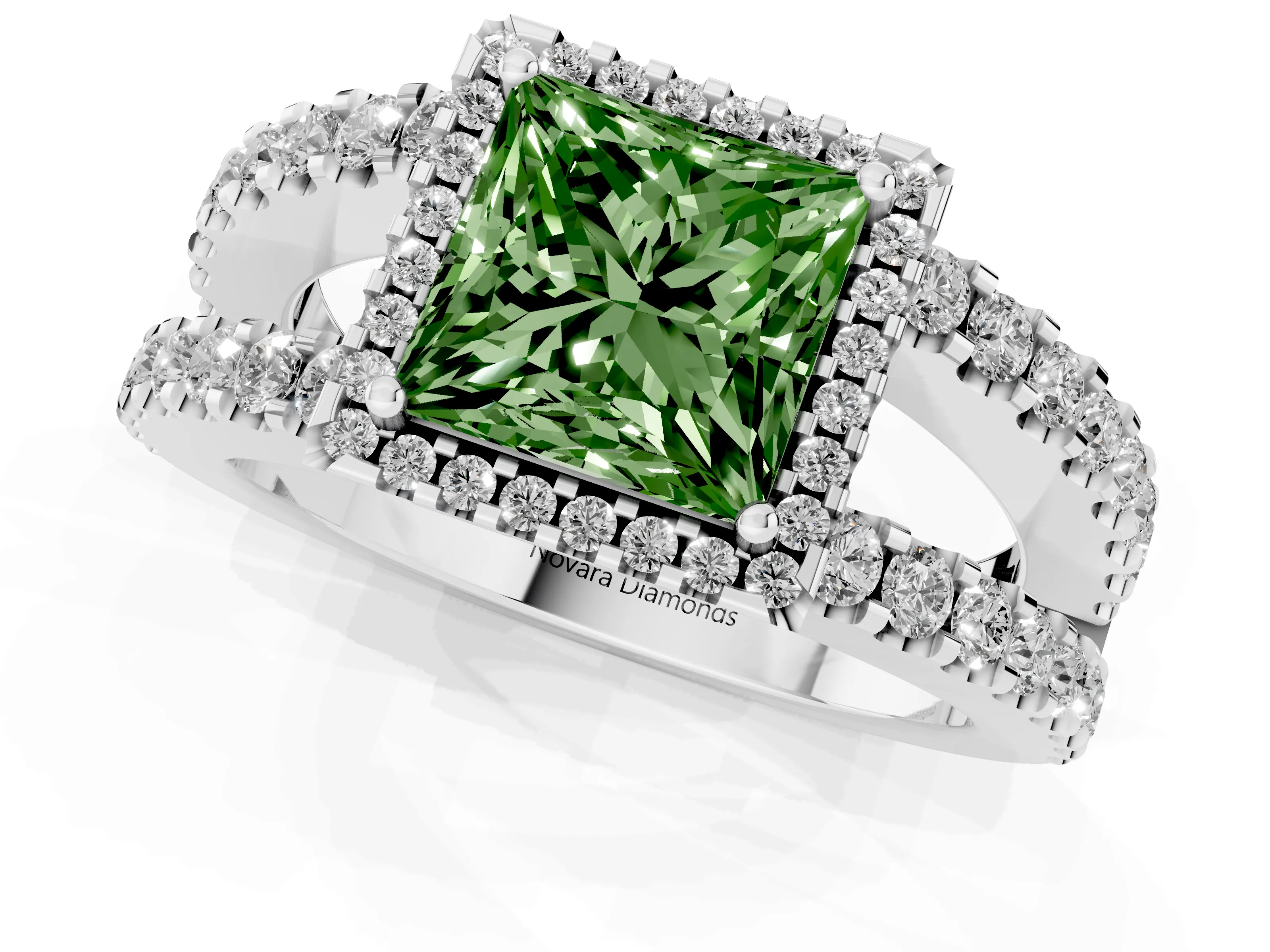 Fancy Green Princess Cut Diamond Halo Ring Set in White gold with Pavé Split Shank and Prong Setting