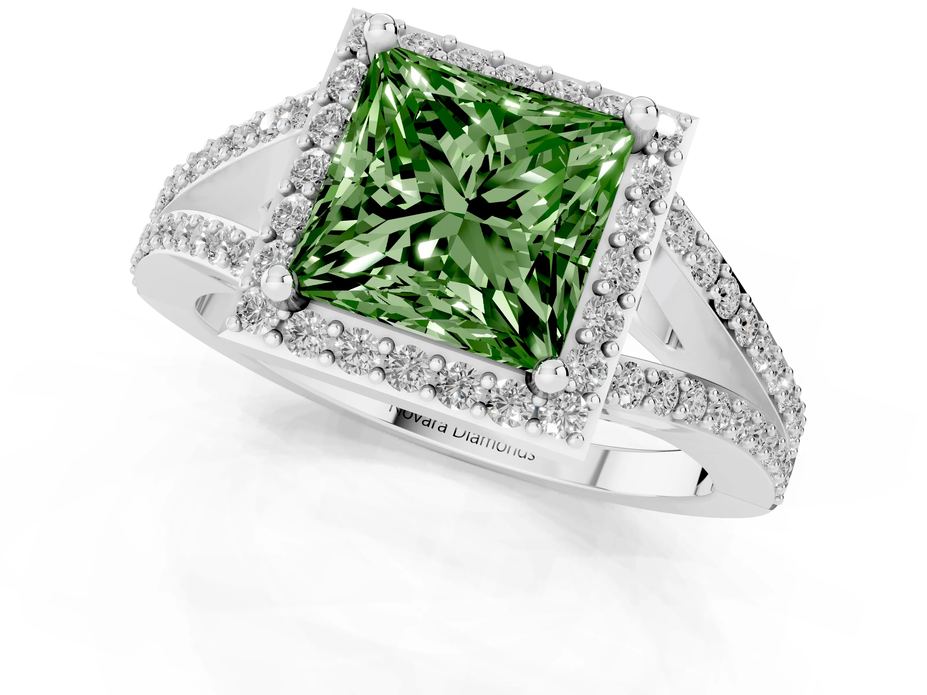 Fancy Green Princess Cut Diamond Halo Split Shank Pavé Ring Set in Silver with Prong Setting