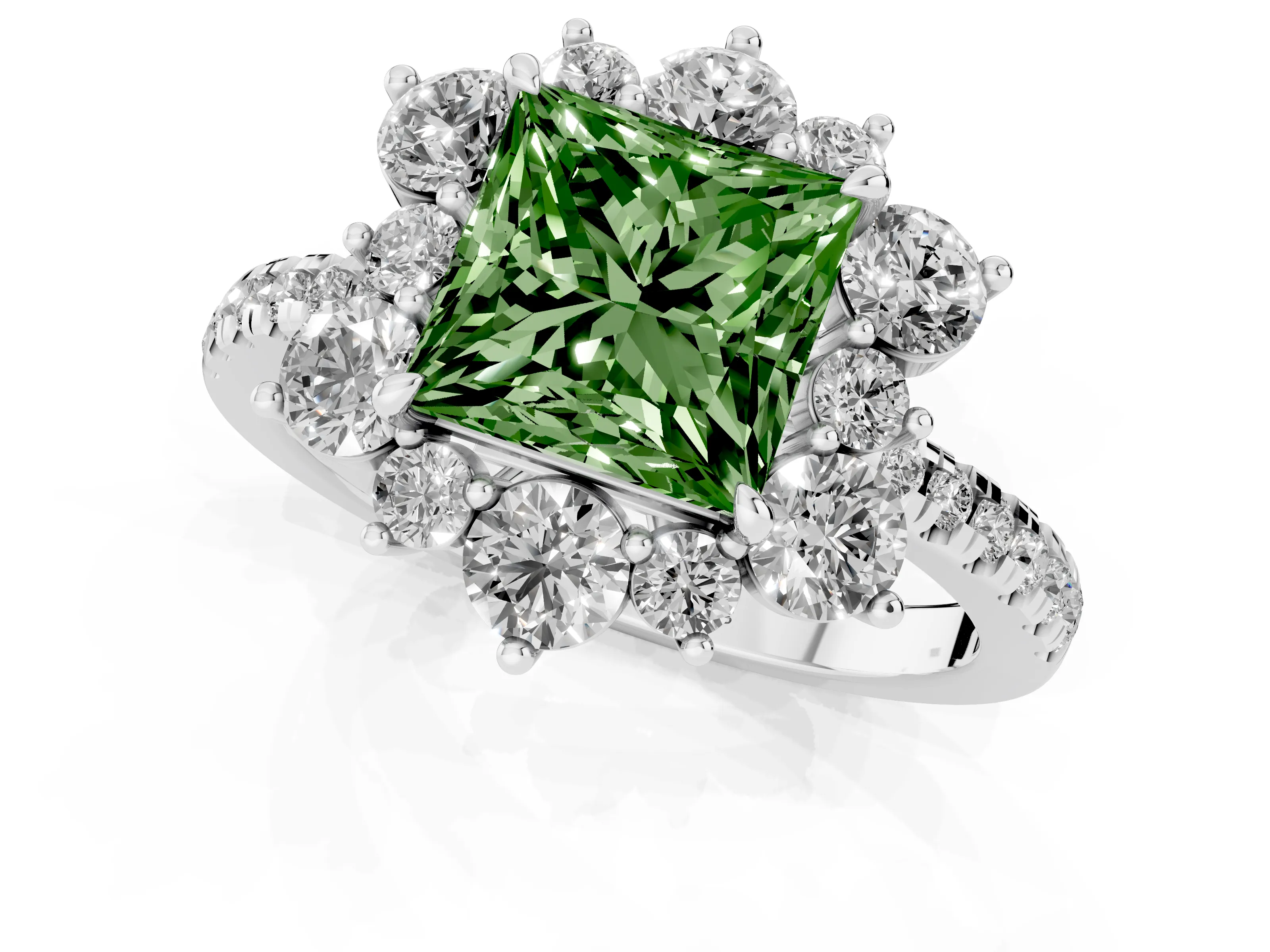 Fancy Green Princess Cut Diamond Floral Halo Ring Set in White gold with Round Pavé Band and Prong Setting