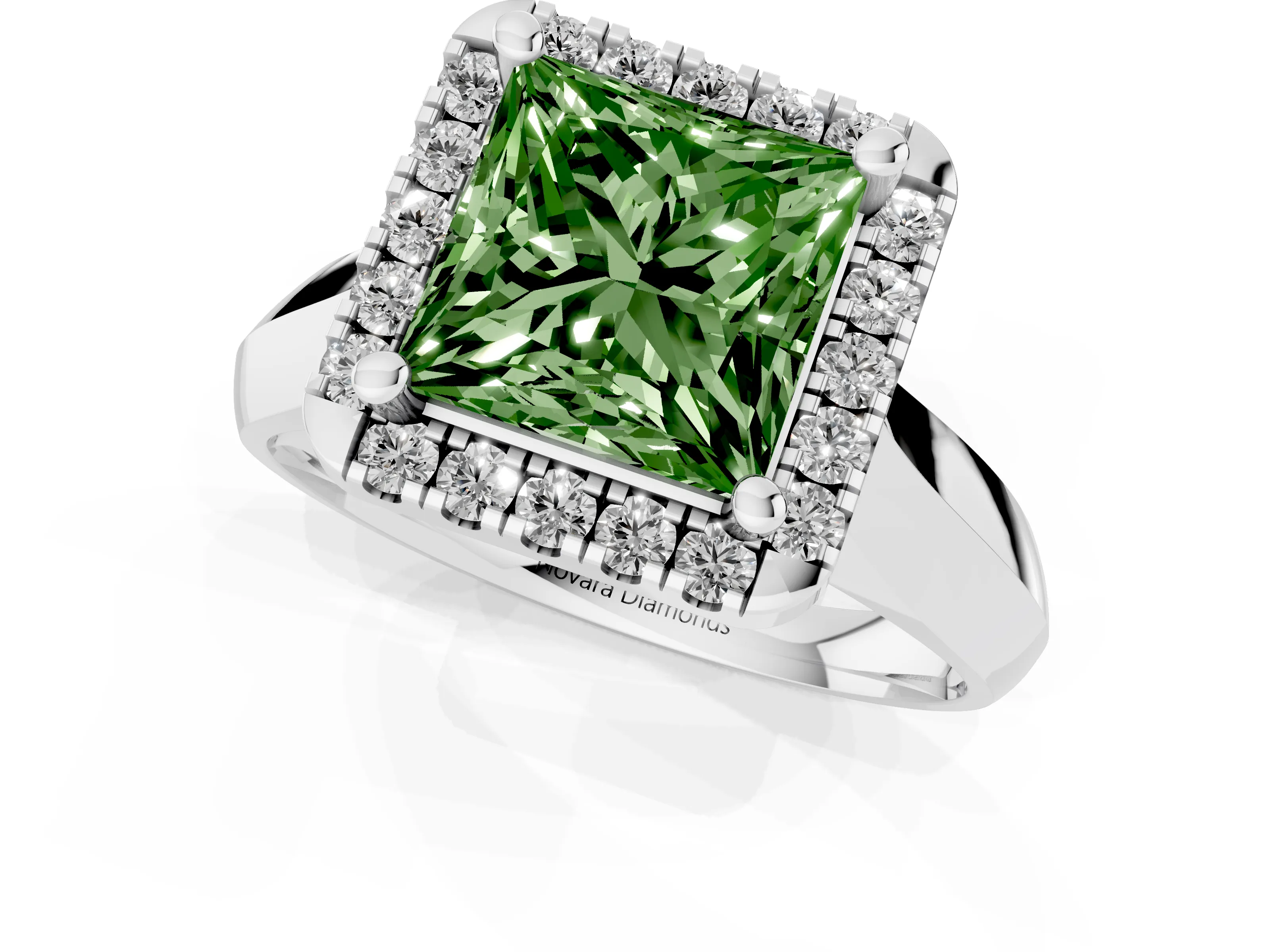 Fancy Green Princess Cut Diamond Halo Solitaire Engagement Ring Set in White gold with Square Band and Prong Setting