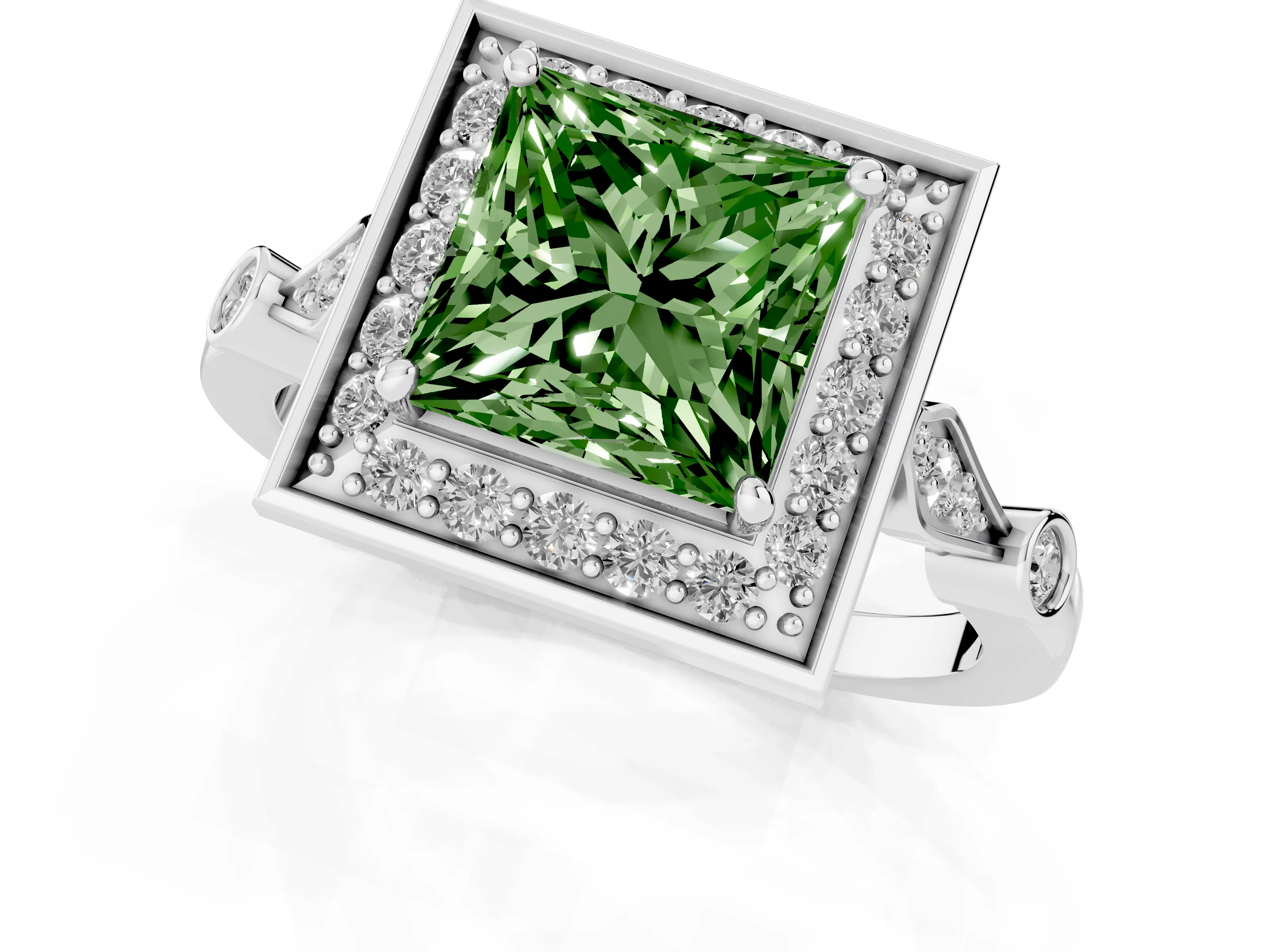 Fancy Green Princess Cut Diamond Halo Engagement Ring Set in Platinum with Twisted Band and Prong Setting – second view