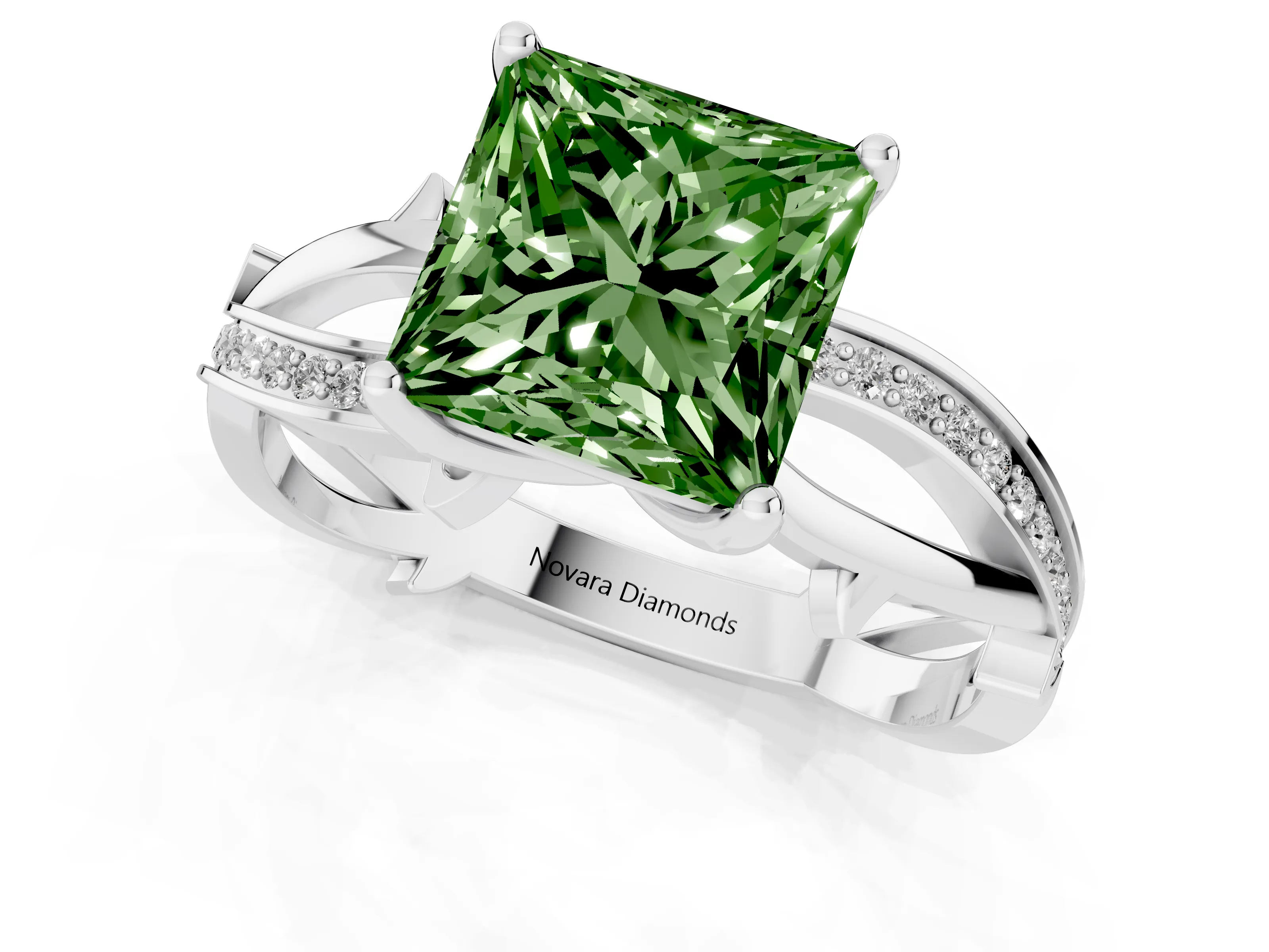 Fancy Green Princess Cut Diamond Pavé Twist Band Solitaire Ring Set in Silver with Prong Setting