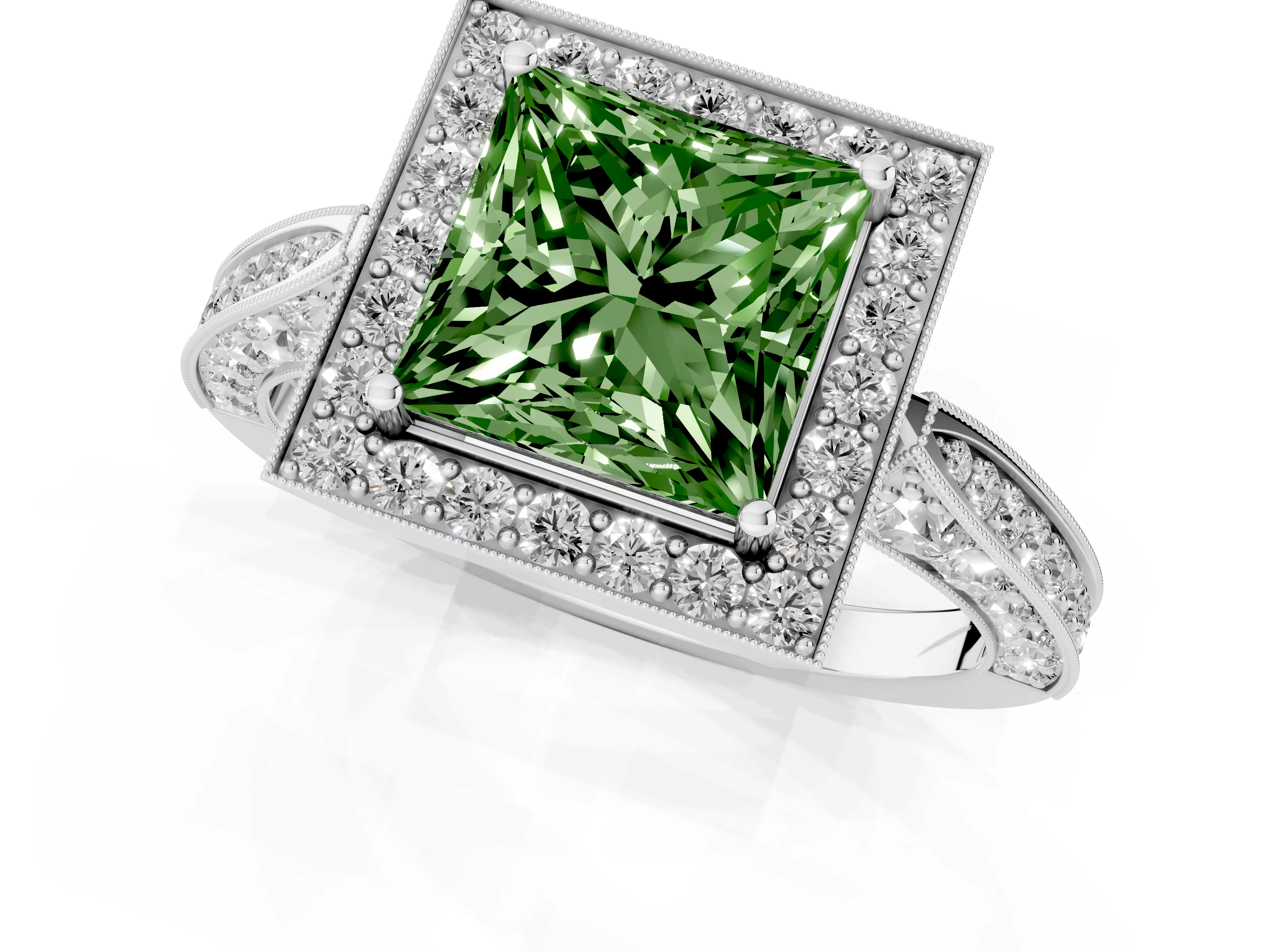 Fancy Green Princess Cut Diamond Halo Engagement Ring Set in Silver with Accent Split Shank Band