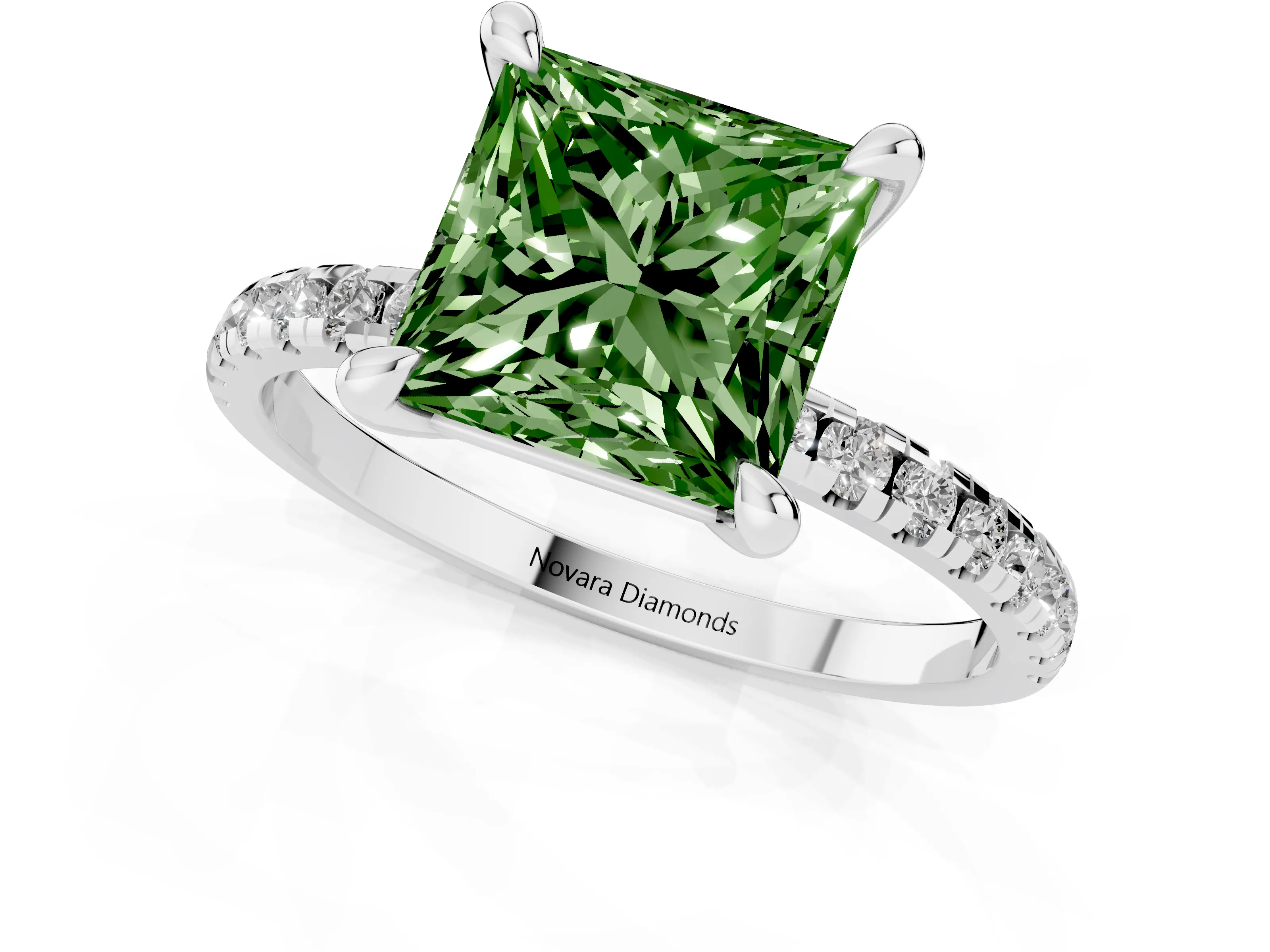 Fancy Green Princess Cut Diamond Brilliant Solitaire Ring Set in White gold with Pavé Band and Prong Setting