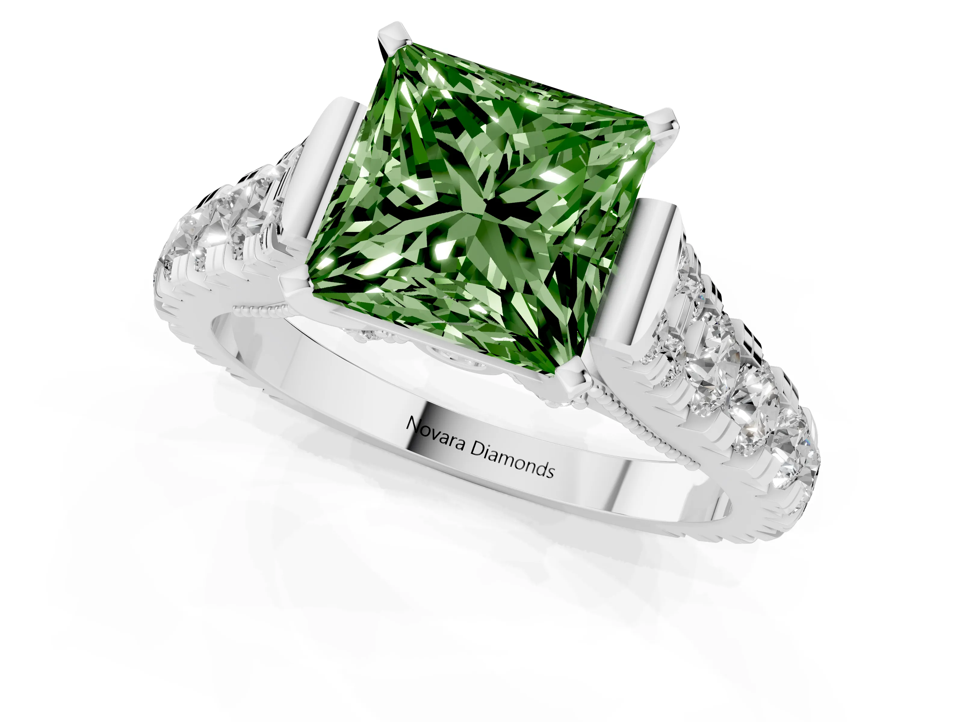 Fancy Green Princess Cut Diamond Classic Solitaire Ring Set in Silver with Pavé Band and Prong Setting