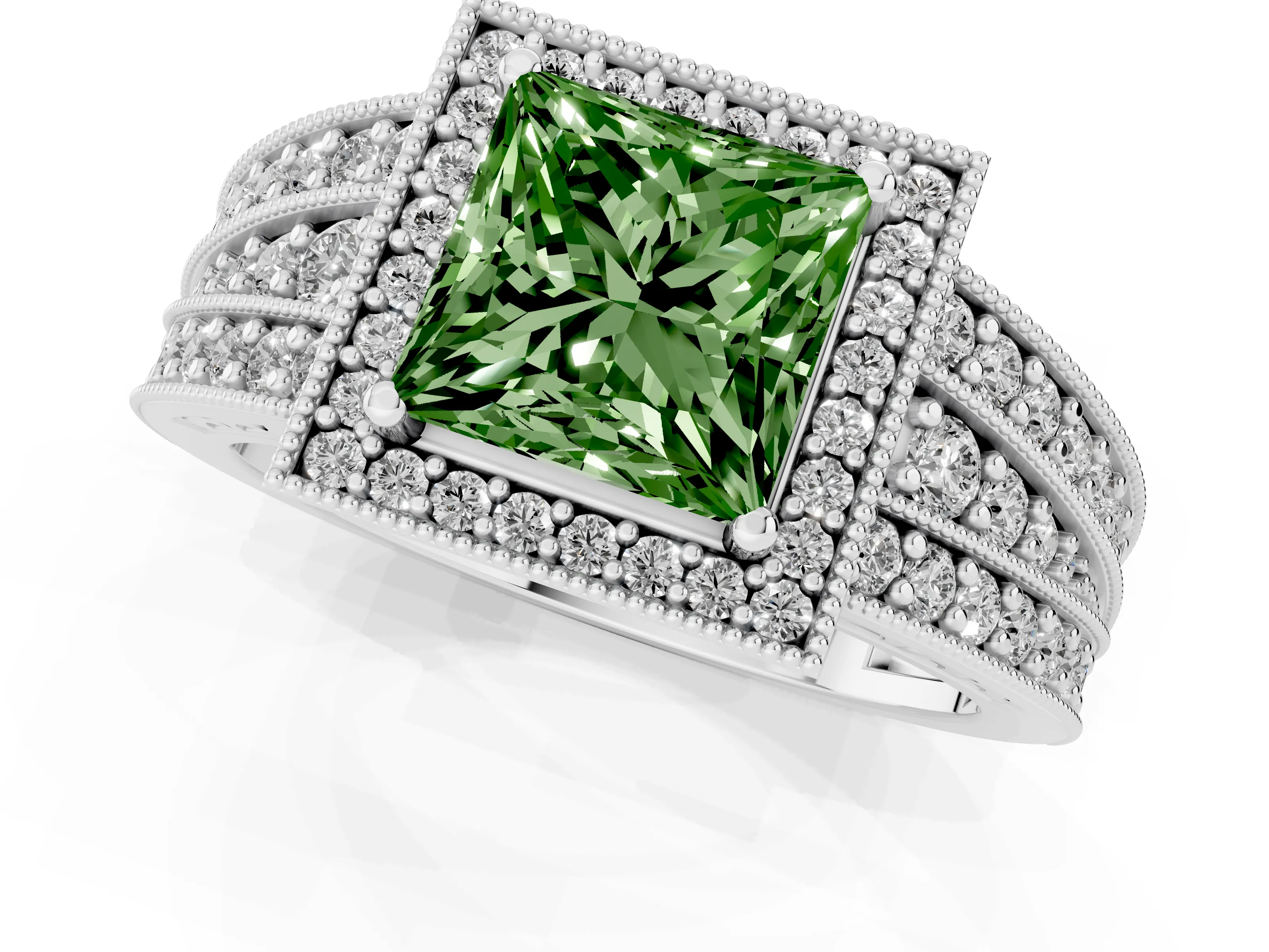 Fancy Green Princess Cut Diamond Halo Ring Set in White gold with Accent Split Shank and Prong Setting