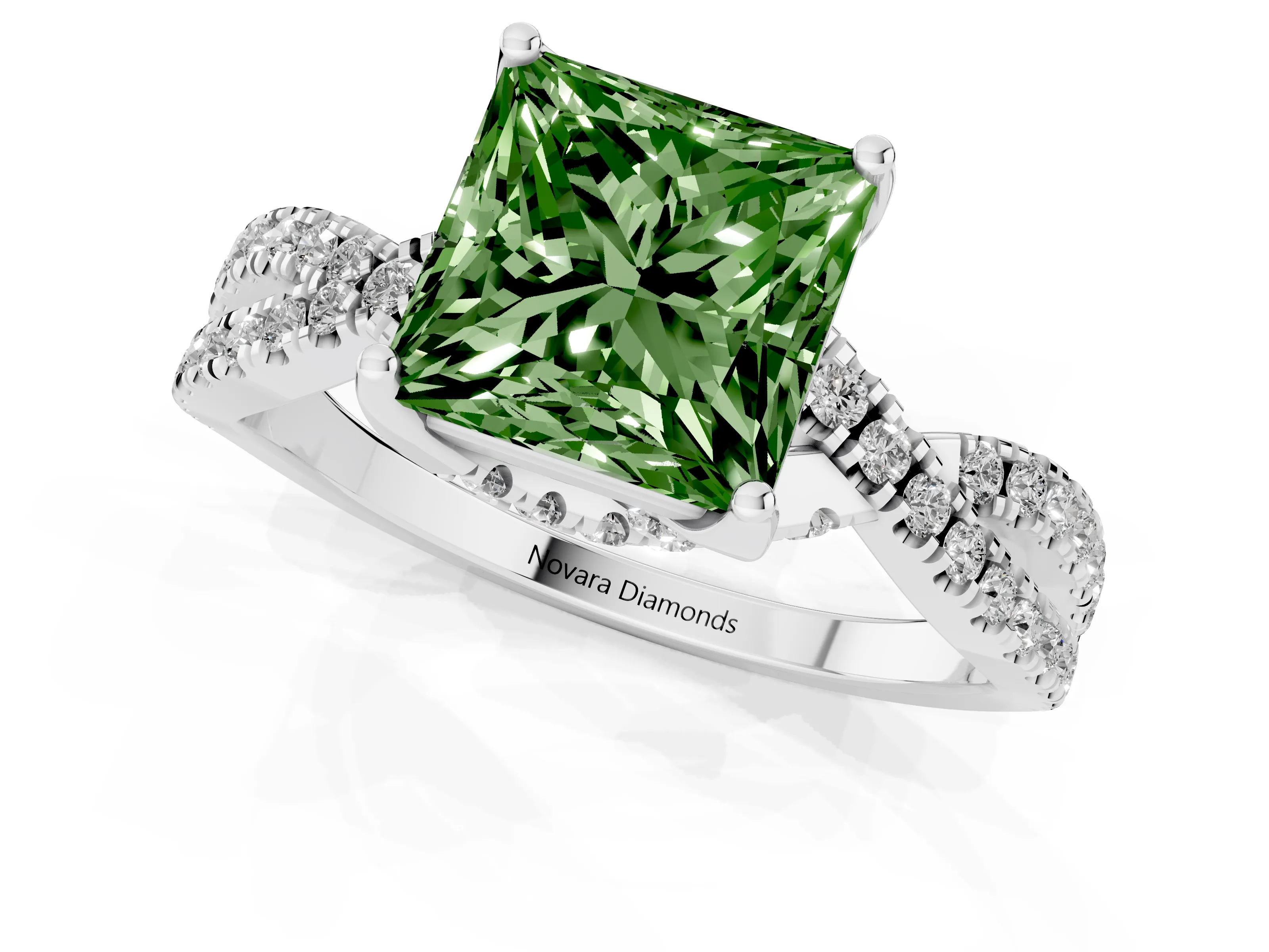 Fancy Green Princess Cut Diamond Twist Pavé Solitaire Engagement Ring Set in Silver with Prong Setting