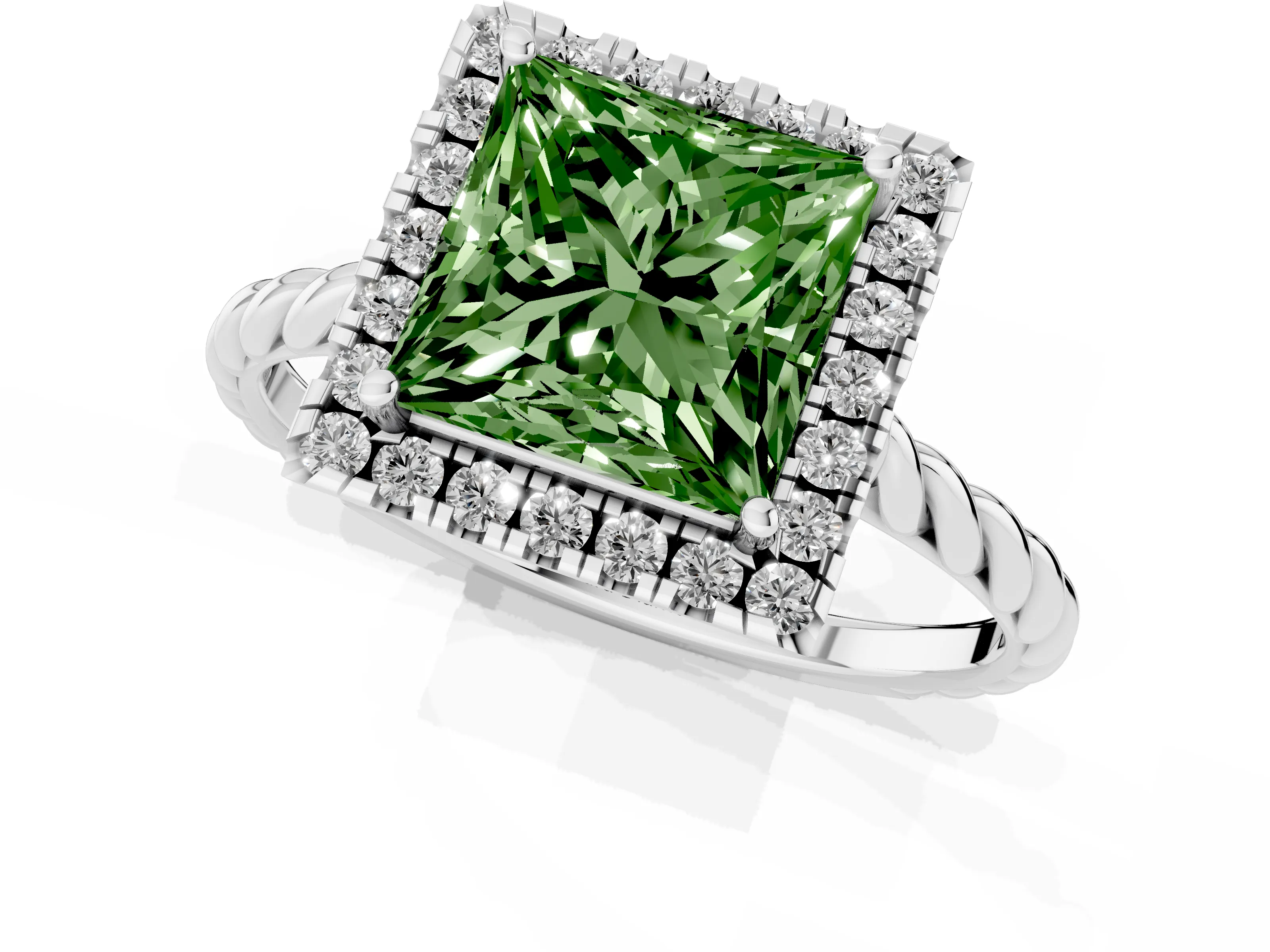 Fancy Green Princess Cut Diamond Halo Ring Set in Silver with Plain Twisted Band
