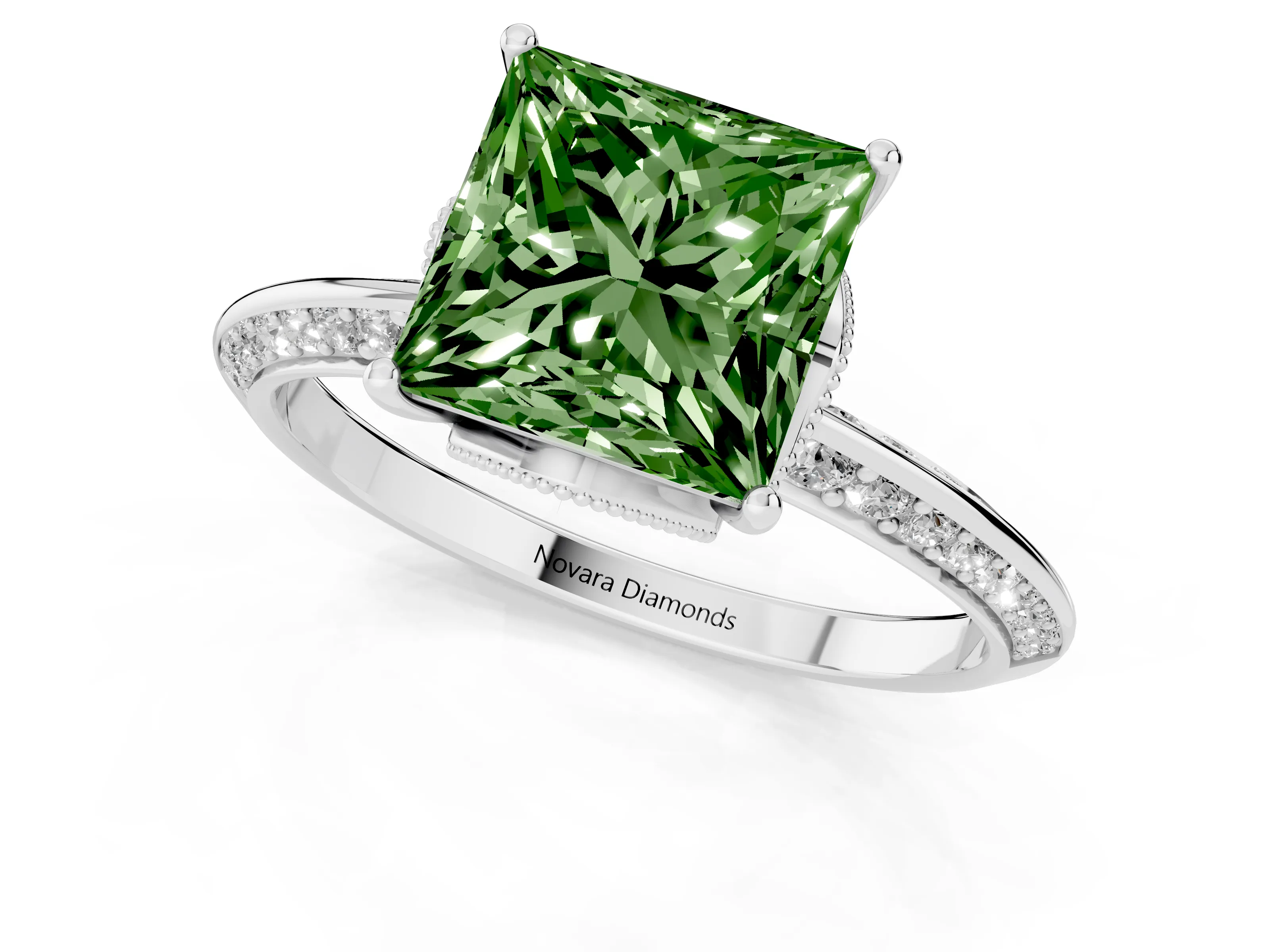 Fancy Green Princess Cut Diamond Solitaire Engagement Ring Set in Silver with Pavé Split Shank and Prong Setting
