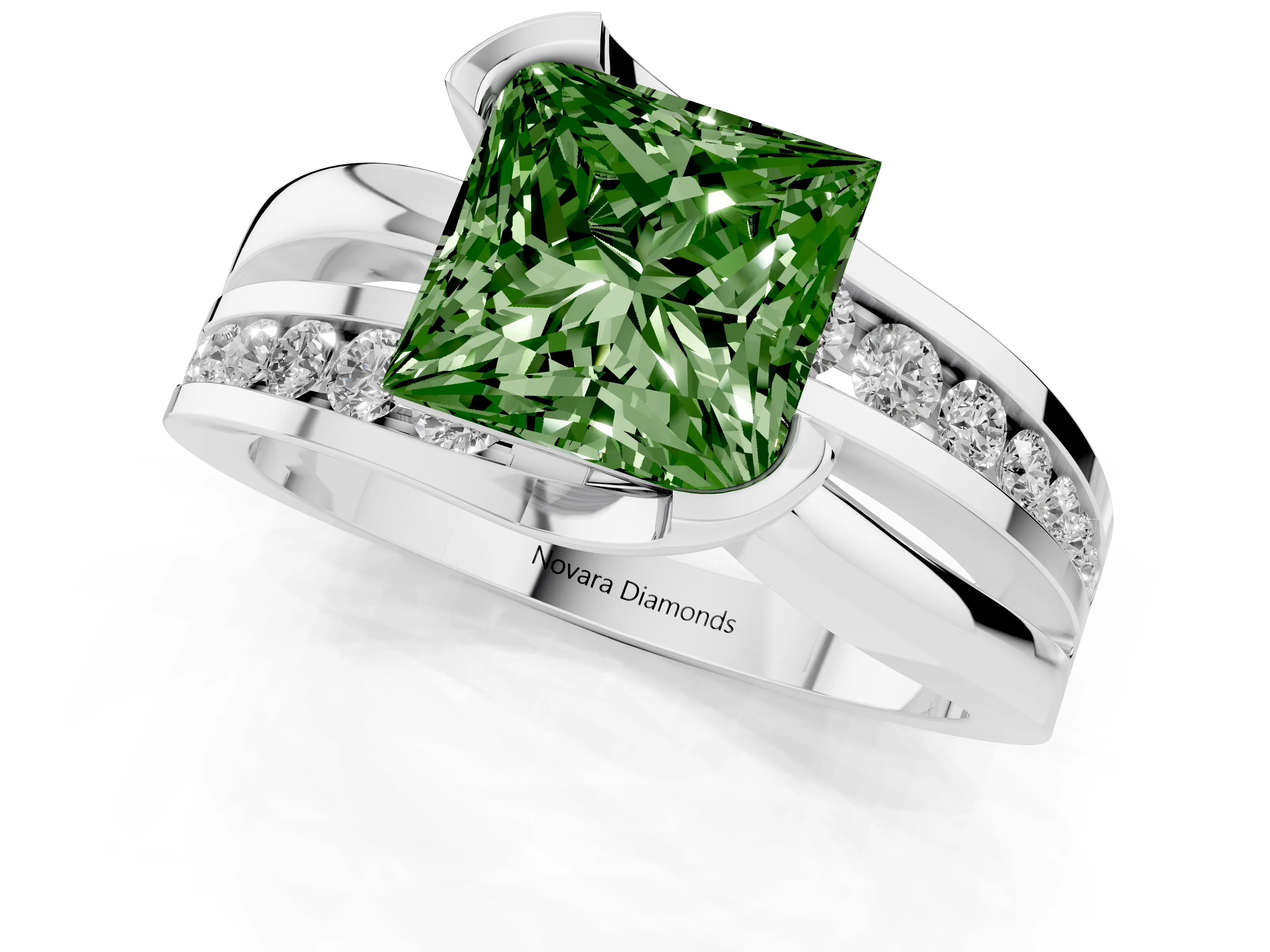 Fancy Green Princess Cut Diamond Solitaire Ring Set in Silver with Channel Set Split Shank and Tension Prongs
