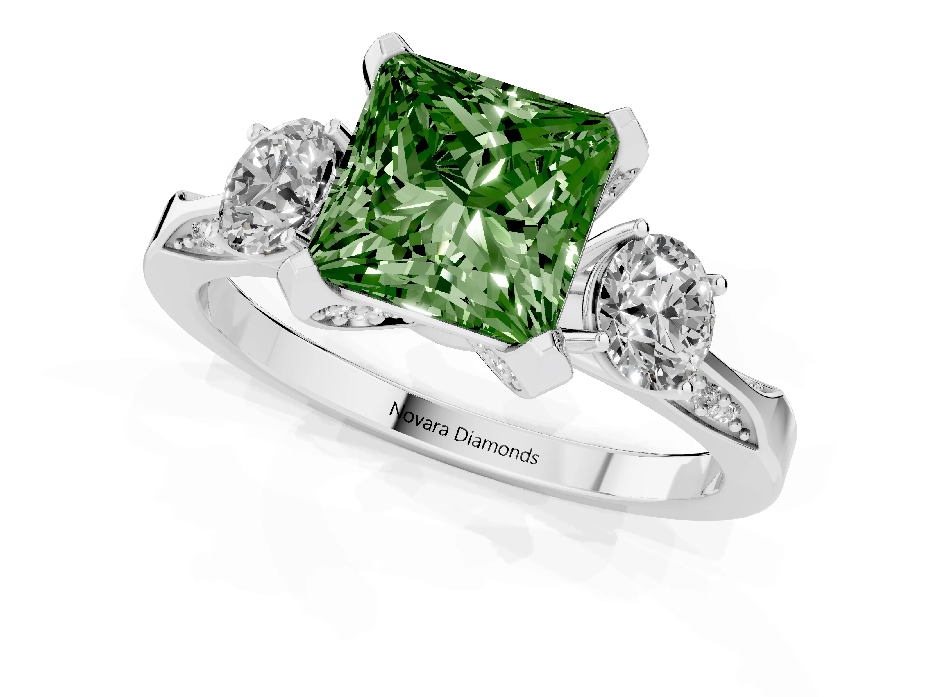 Fancy Green Princess Cut Diamond Three-Stone Ring Set in White gold with Pavé Band and Smaller Side Stones – second view