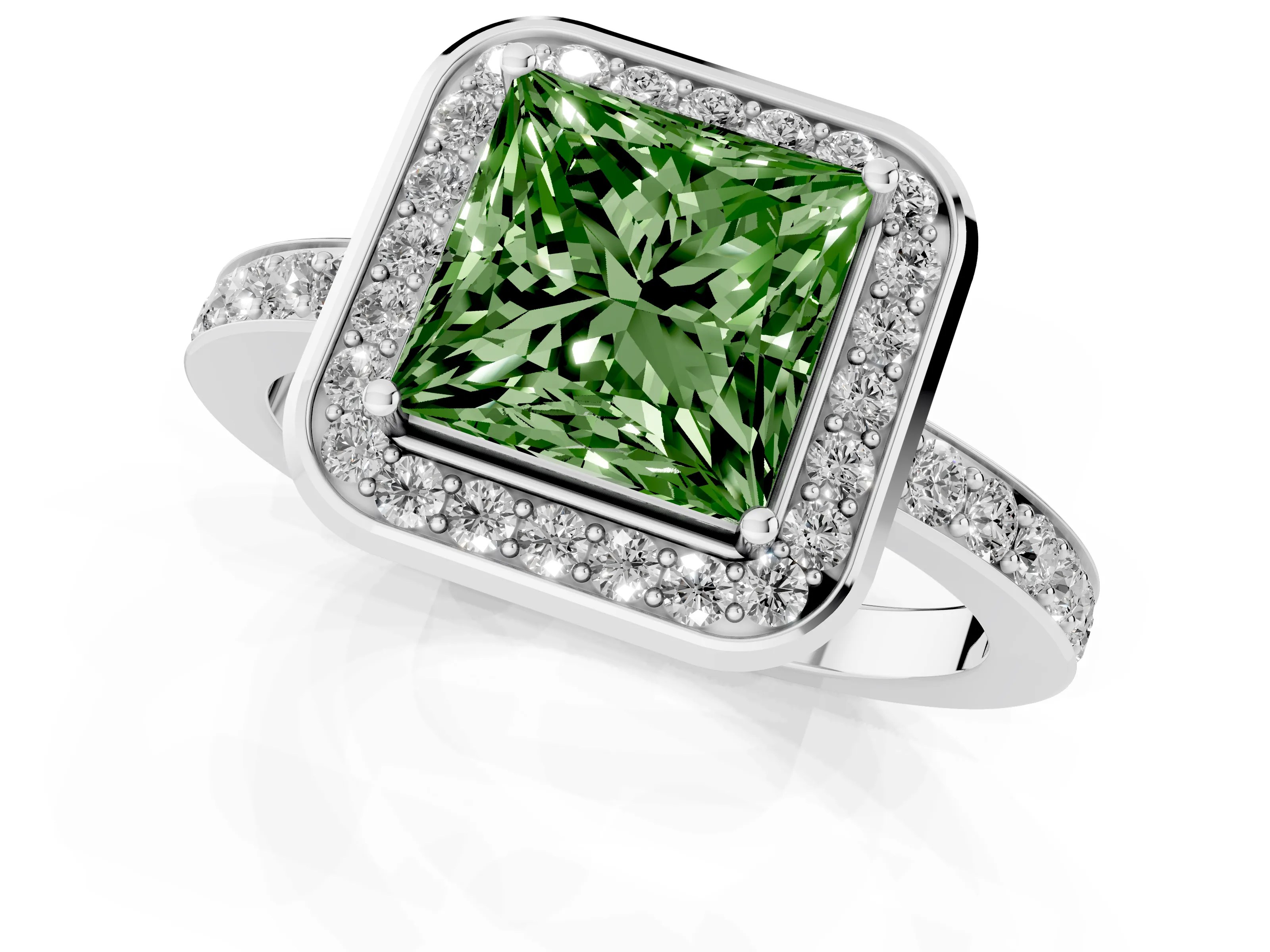 Fancy Green Princess Cut Diamond Halo Ring Set in White gold with Bezel Frame and Pavé Band