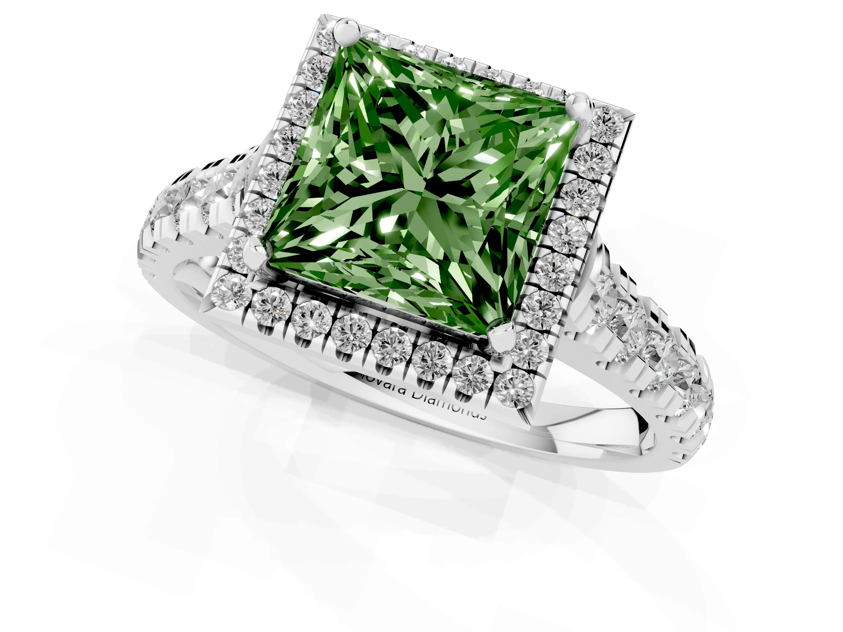 Fancy Green Princess Cut Diamond Halo Engagement Ring Set in Platinum with Pavé Band and Prong-Set Center