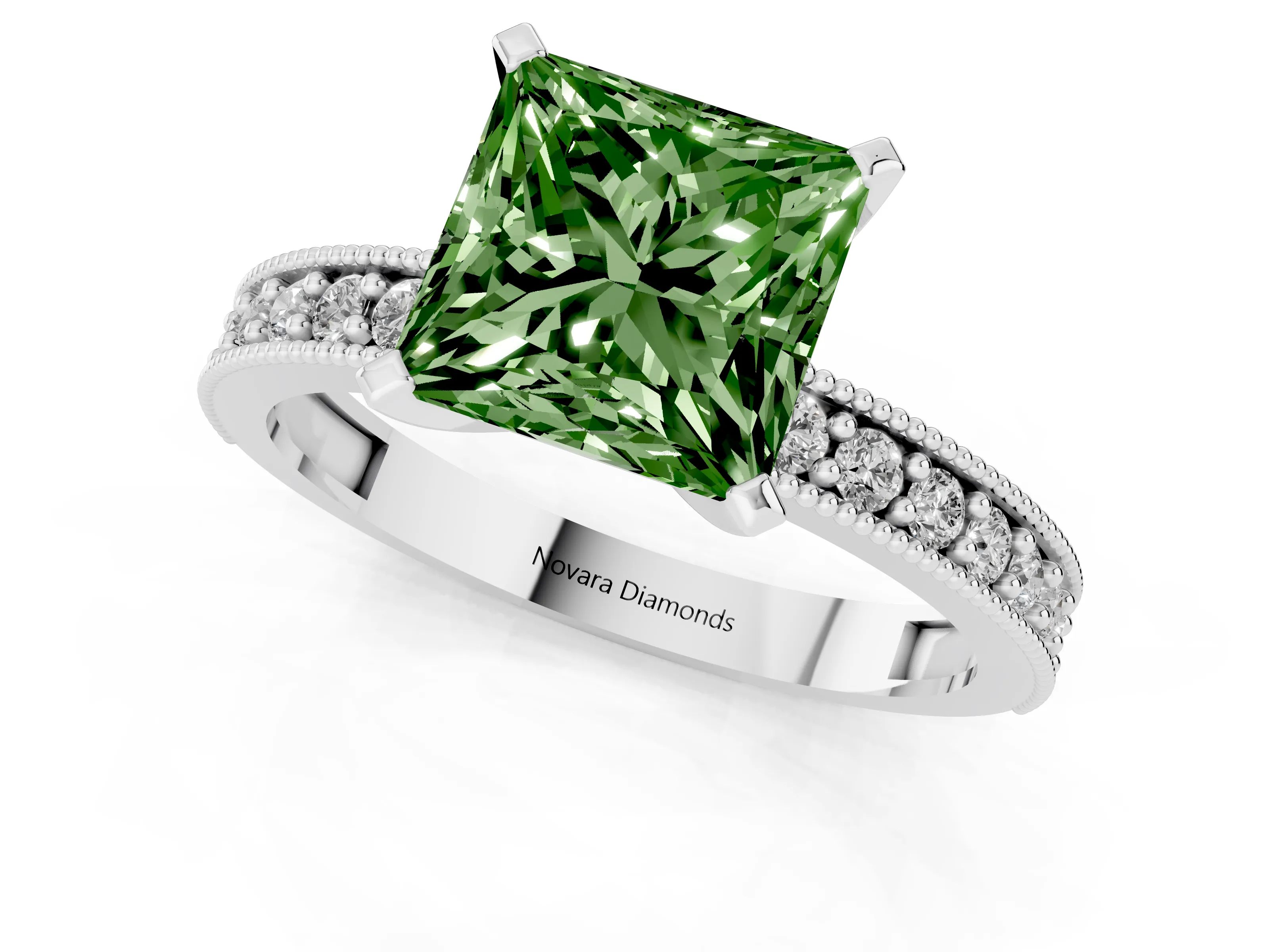Fancy Green Princess Cut Diamond Milgrain Pavé Engagement Ring Set in Platinum with Prong Setting