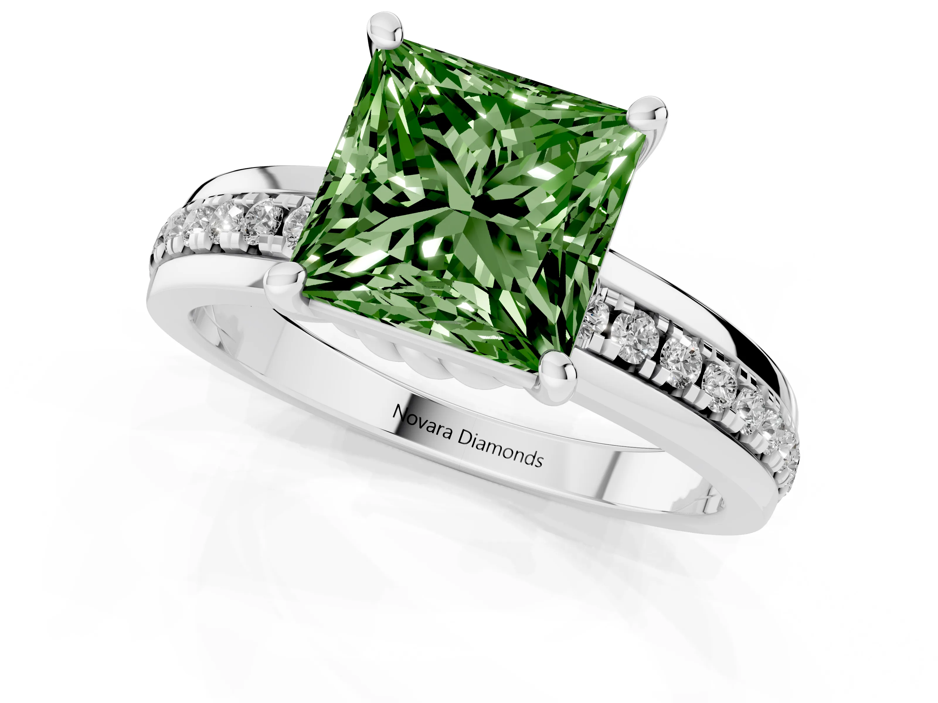 Fancy Green Princess Cut Diamond Solitaire Ring Set in White gold with Channel Set Band and Prong Setting