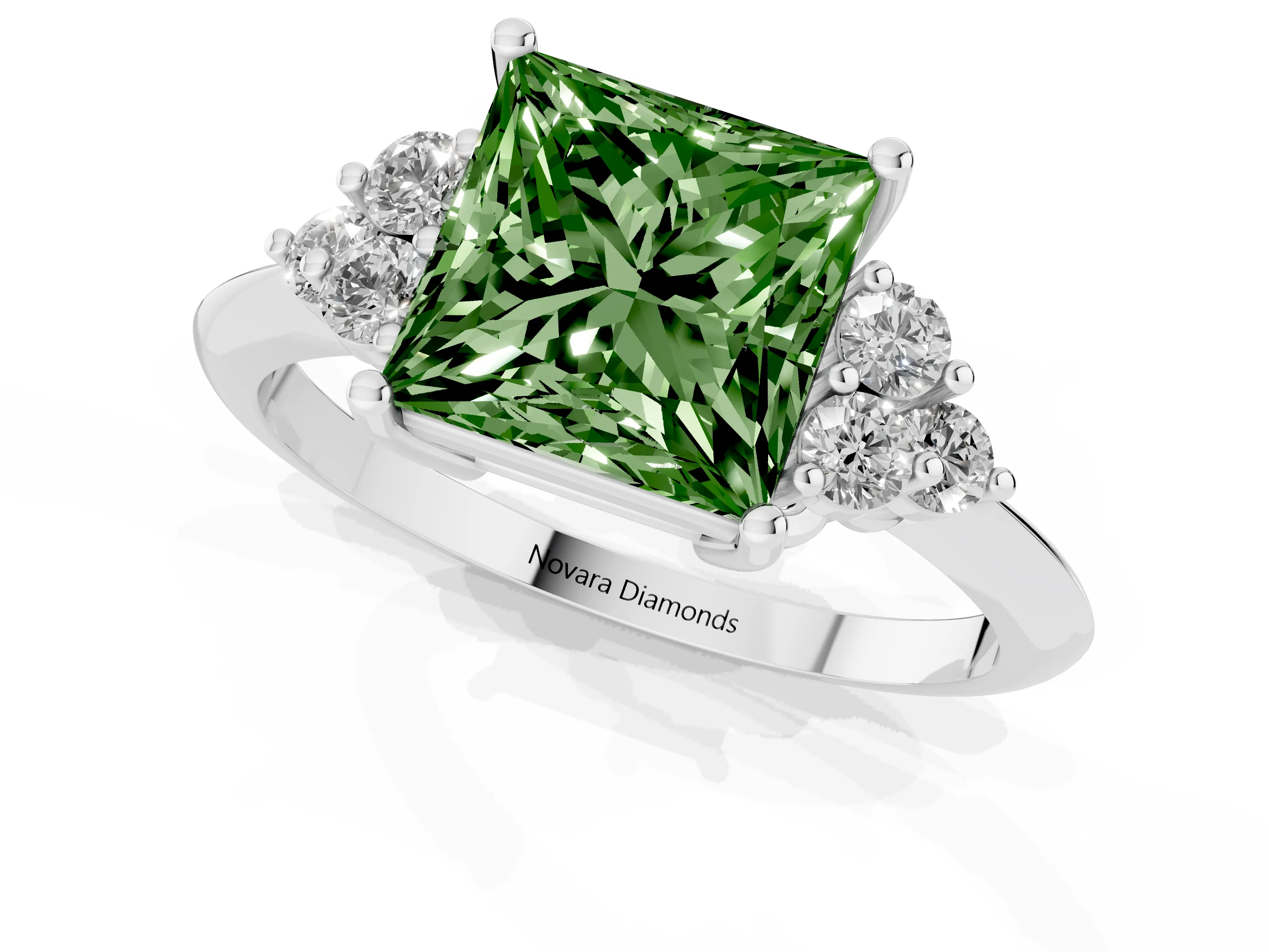 Fancy Green Princess Cut Diamond Cluster Ring Set in Platinum with Plain Band and Prong Setting