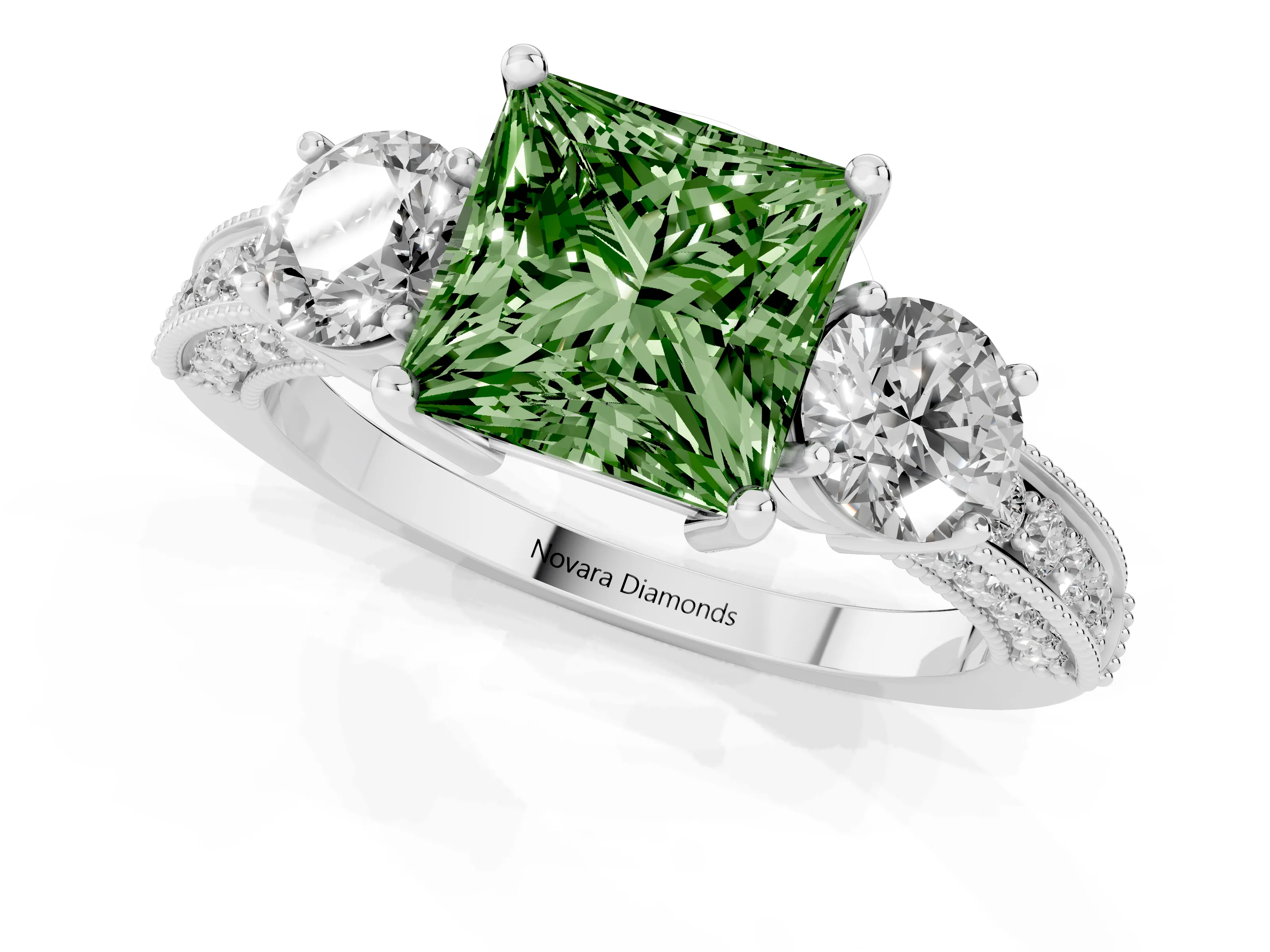 Fancy Green Princess Cut Diamond Three-Stone Ring Set in Platinum with Round Side Stones and Pavé Band