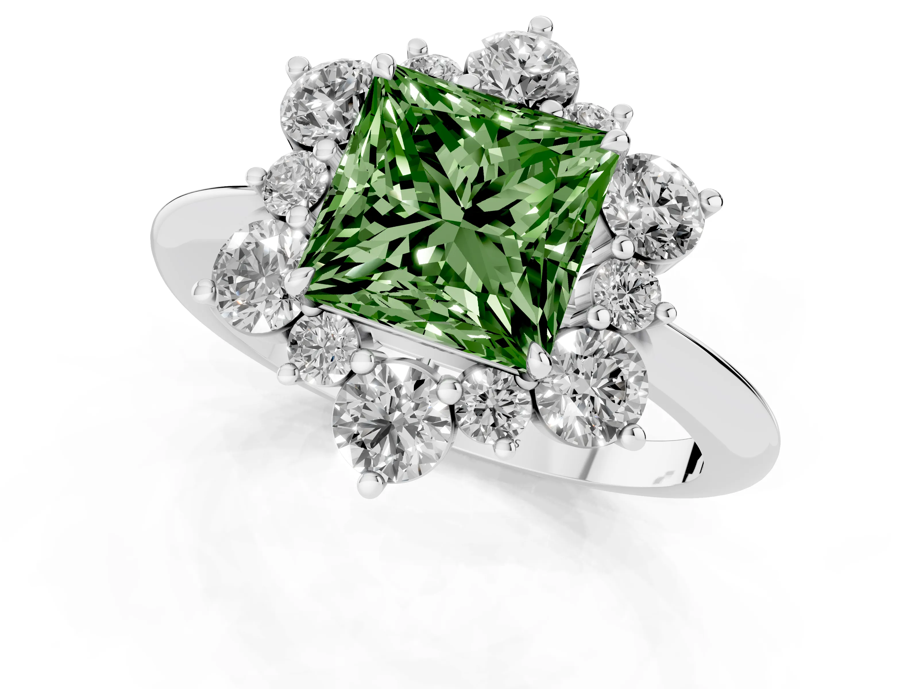 Fancy Green Princess Cut Diamond Cluster Halo Ring Set in Silver with Solitaire Band and Prong Setting