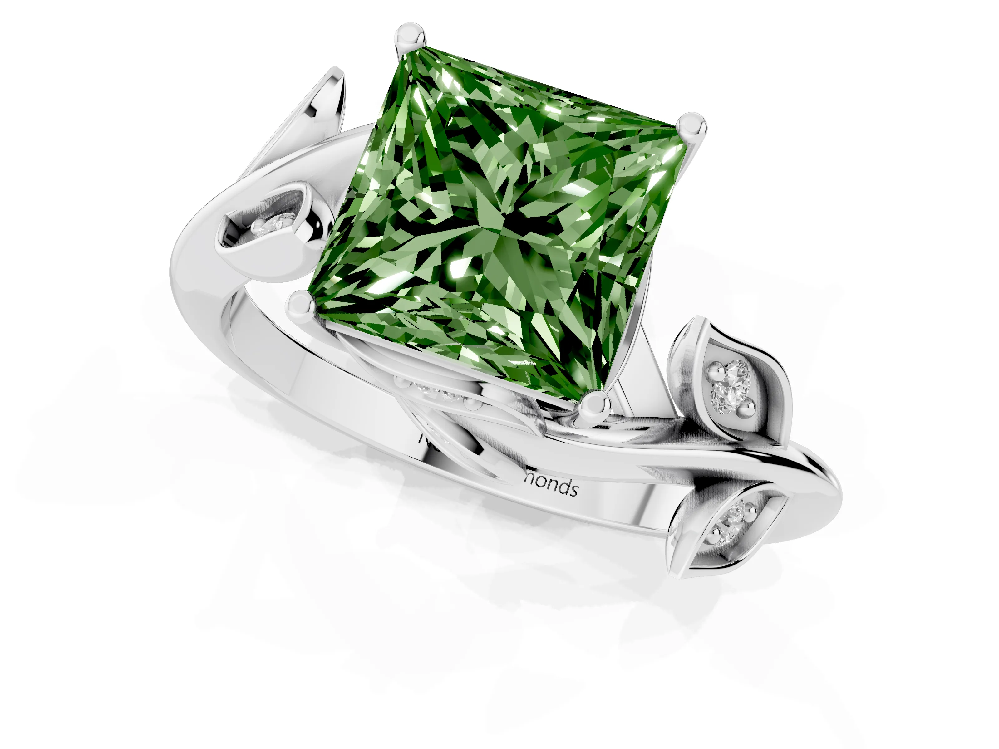 Fancy Green Princess Cut Diamond Solitaire Twist Engagement Ring Set in White gold with Pavé Leaf Accents